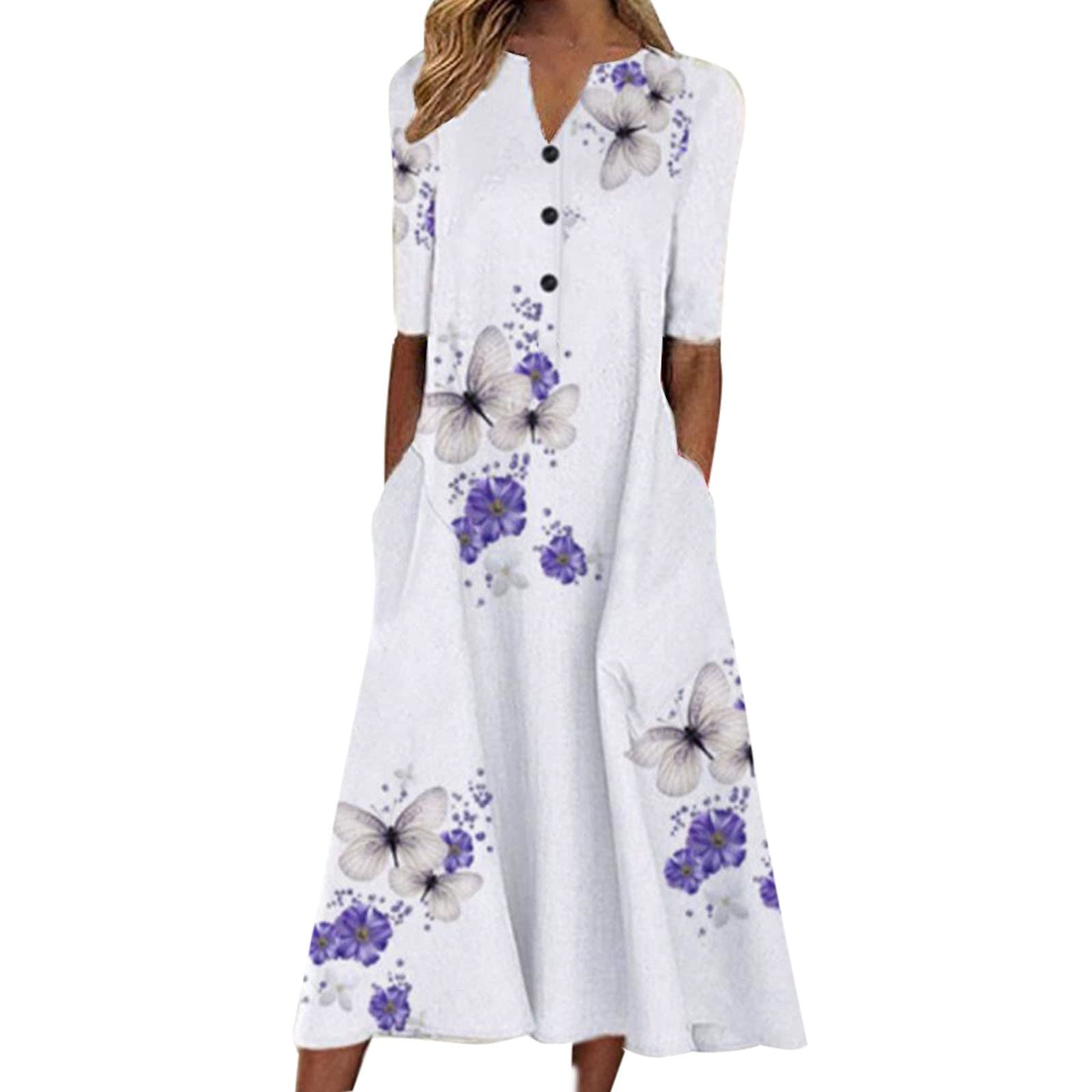 iOPQO Women's Summer Floral Print Short Sleeve Button Up Dress - Casual Ruffle Flowy Party Dress for Beach, Vacation & Outdoor Events