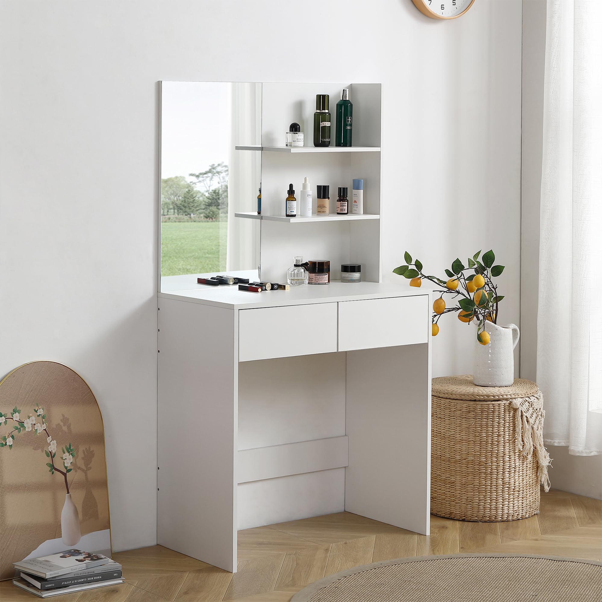 Modern Vanity Desk with Mirror, 2 Drawers & Open Shelves - Elegant Dressing Table for Bedroom in Antique White | Perfect Makeup Station & Jewelry Organizer for Women