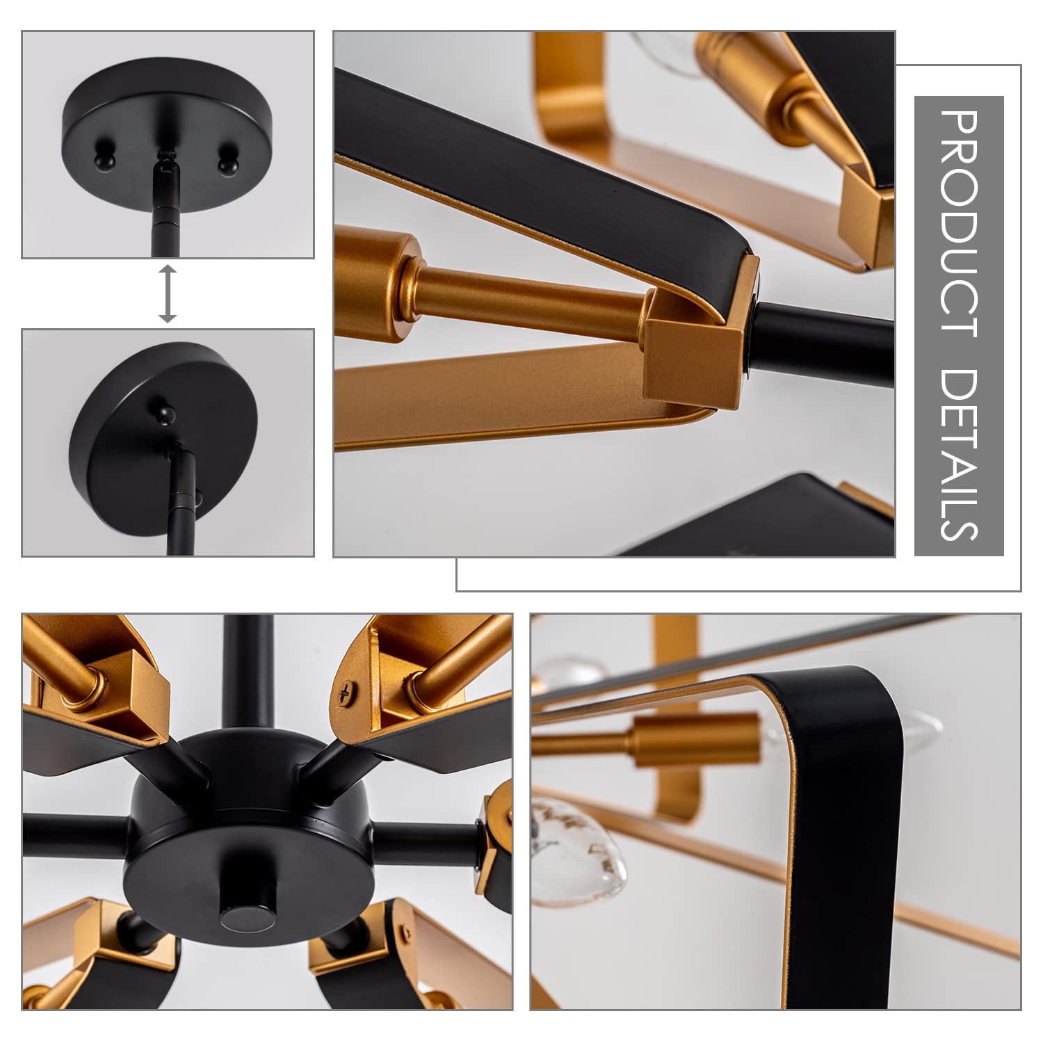 VILUXY Modern Geometric Pendant Light - 6-Light Mid-Century Chandelier with Matte Black & Brass Finish - Perfect for Dining Room, Kitchen, Living Room Lighting | Elegant Ceiling Fixture for Home Decor & Interior Design