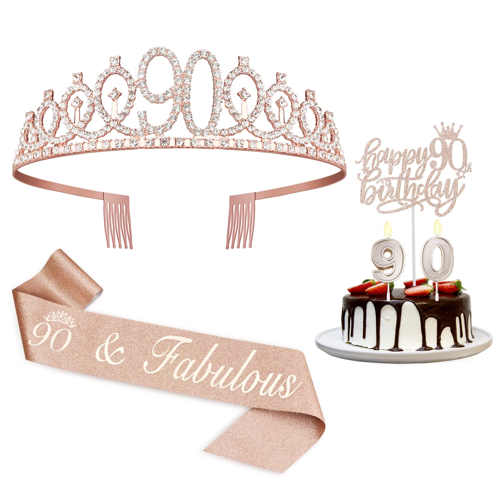 90th Birthday Party Decorations for Women - Elegant Crown/Tiara, Satin Sash, Cake Topper & Candles Set - Perfect for Milestone Celebrations, Retirement Parties & Special Occasions