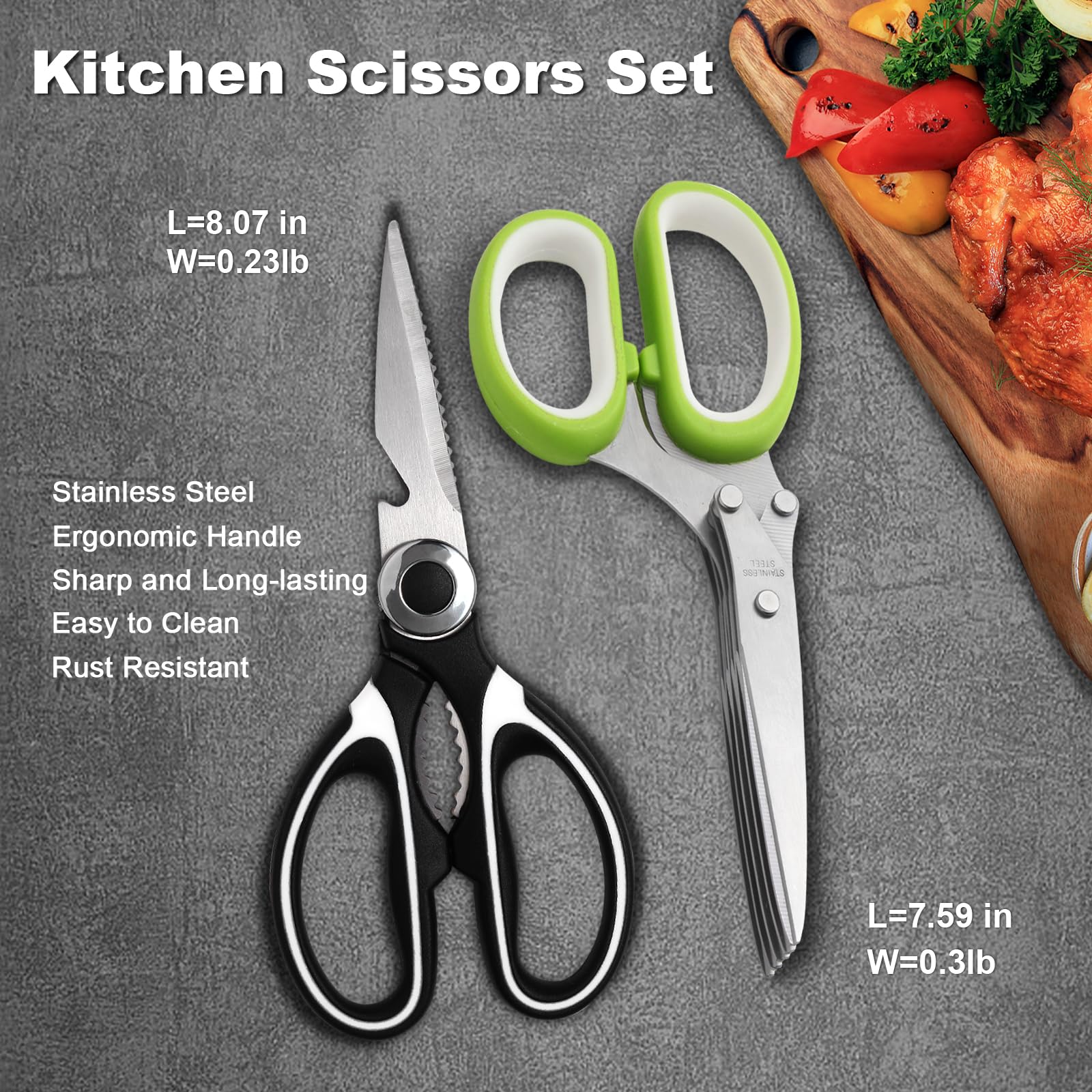 Premium Heavy Duty Stainless Steel Kitchen Scissors Set - 2 Pack Sharp Food Shears with Protective Cover for Meat Cutting, Herbs, Poultry & Vegetables | Ideal for Home Cooking, Meal Prep & Professional Kitchens