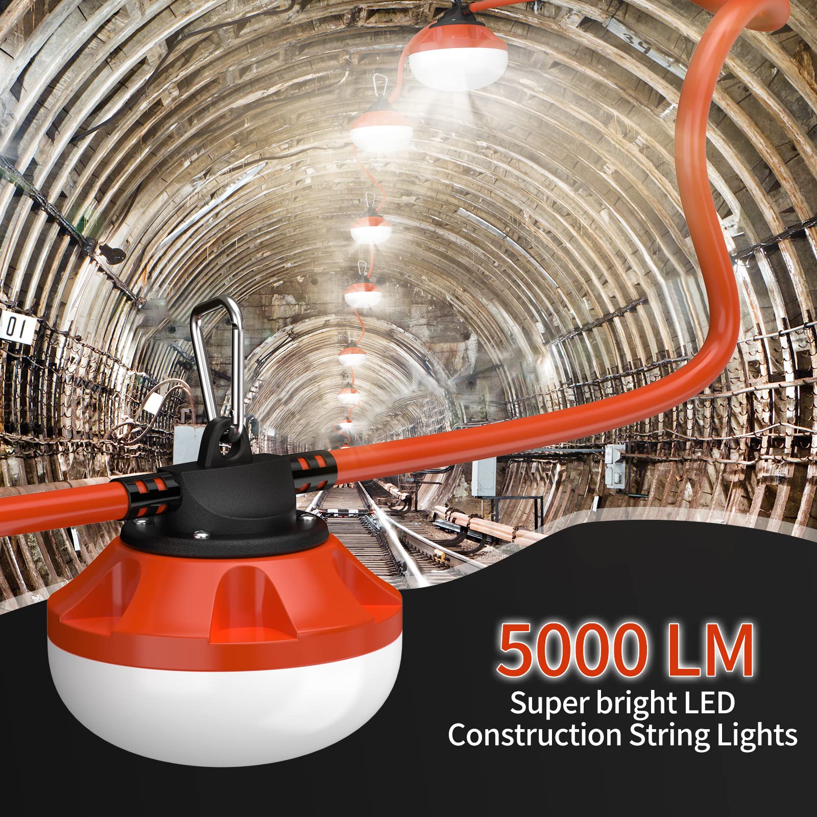 50FT LED Construction String Lights - 5000LM Super Bright Temporary Work Lighting with 5 Medium Base Sockets, Linkable for Outdoor Job Sites - Perfect for Construction Areas, Backyards, Patios, and Emergency Lighting