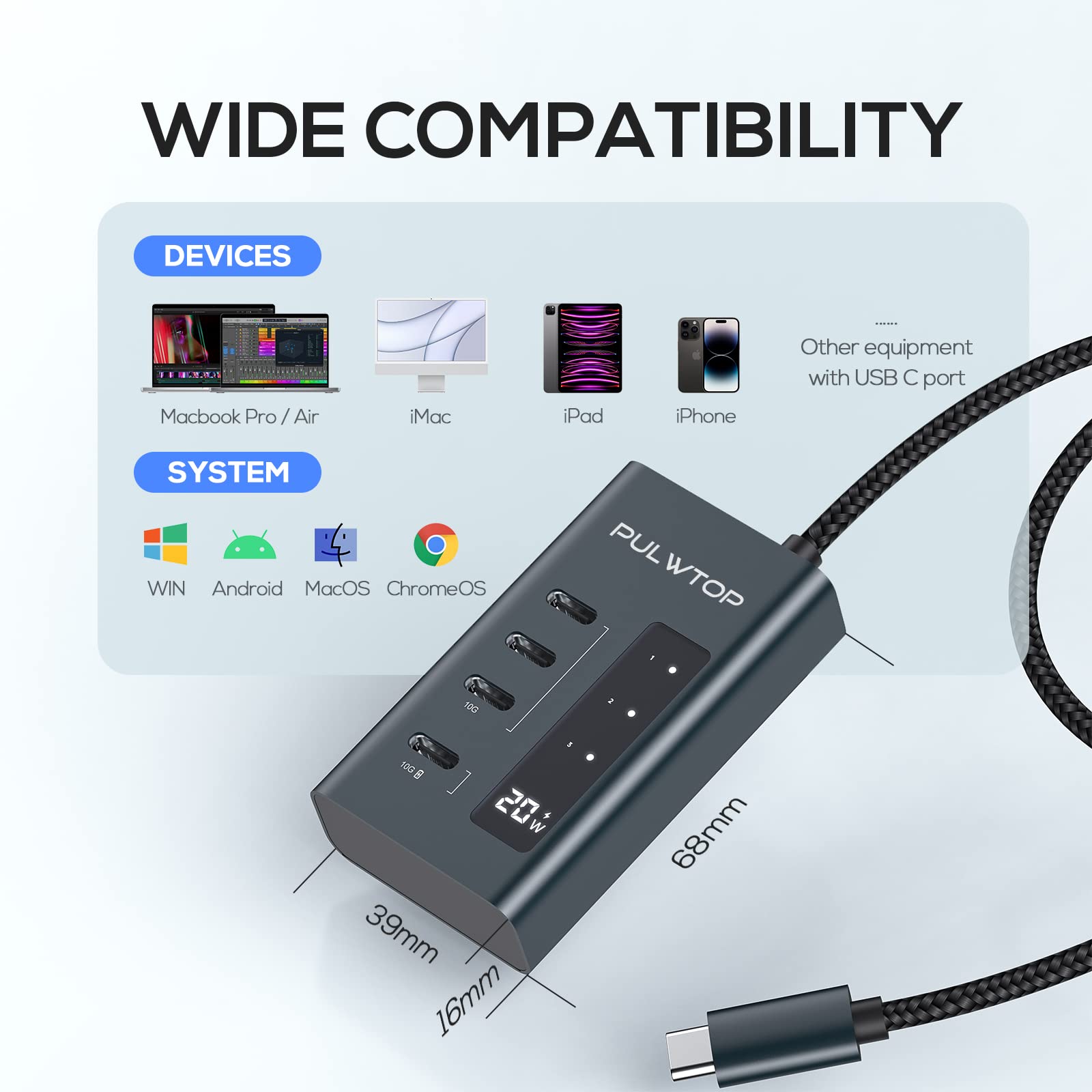 PULWTOP 4-in-1 USB C Hub with 24W UK Plug Adapter - 20W Charging Port & 3x 10Gbps USB C Gen2 Ports - Compatible with MacBook Pro/Air, iMac, iPad - Perfect for Home Office, Travel & Multi-Device Charging