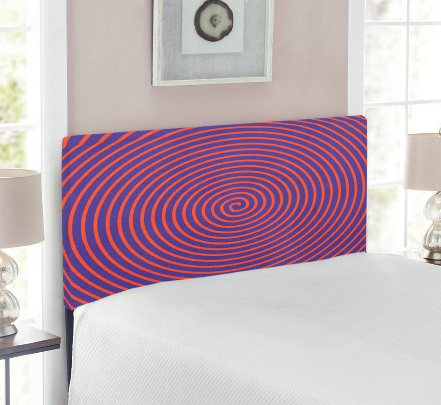 Ambesonne Psychedelic Twin Size Headboard - Hypnotic Spiral Pattern, Optical Illusion Effect with Memory Foam - Violet & Orange Upholstered Metal Bed Frame for Retro Bedroom Decor & Teen Girls Room