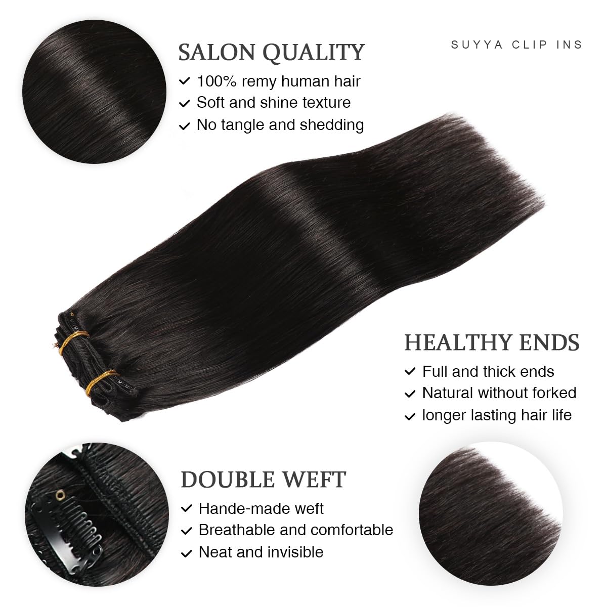 SUYYA 14 Inch Clip in Hair Extensions - 7Pcs 110g Real Human Hair, Double Weft Straight Extensions in Natural Black (#1B Off Black) for Daily Styling, Parties & Special Occasions