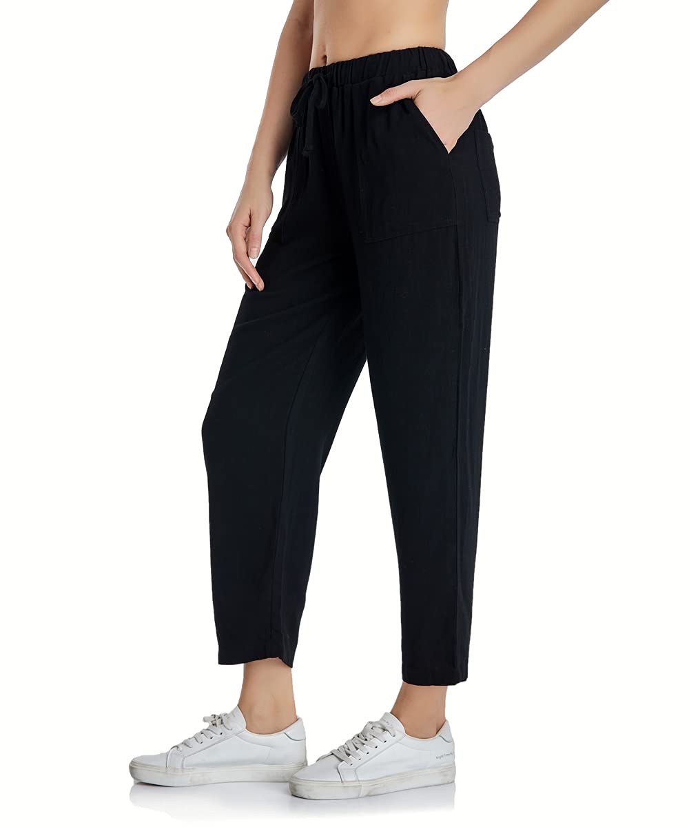 PEIQI Women's Linen Cropped Pants - Loose Fit Drawstring Elastic Waist Lounge Pants for Summer | Comfortable Casual Wear for Yoga, Beach, and Home Relaxation