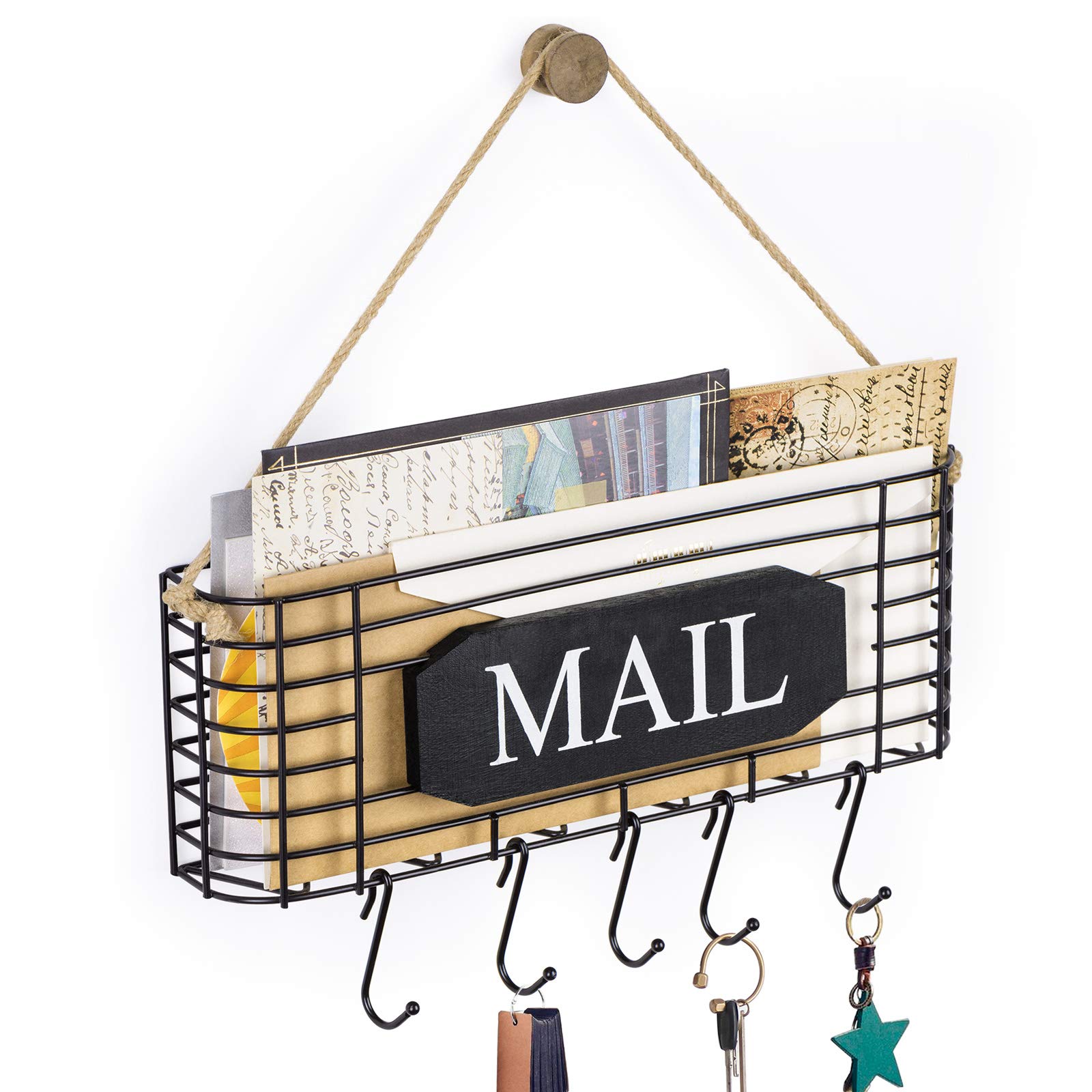 Rustic Wall Mounted Mail and Key Holder with 5 Hooks - Large Black Mail Organizer for Entryway, Home Office & Farmhouse Decor