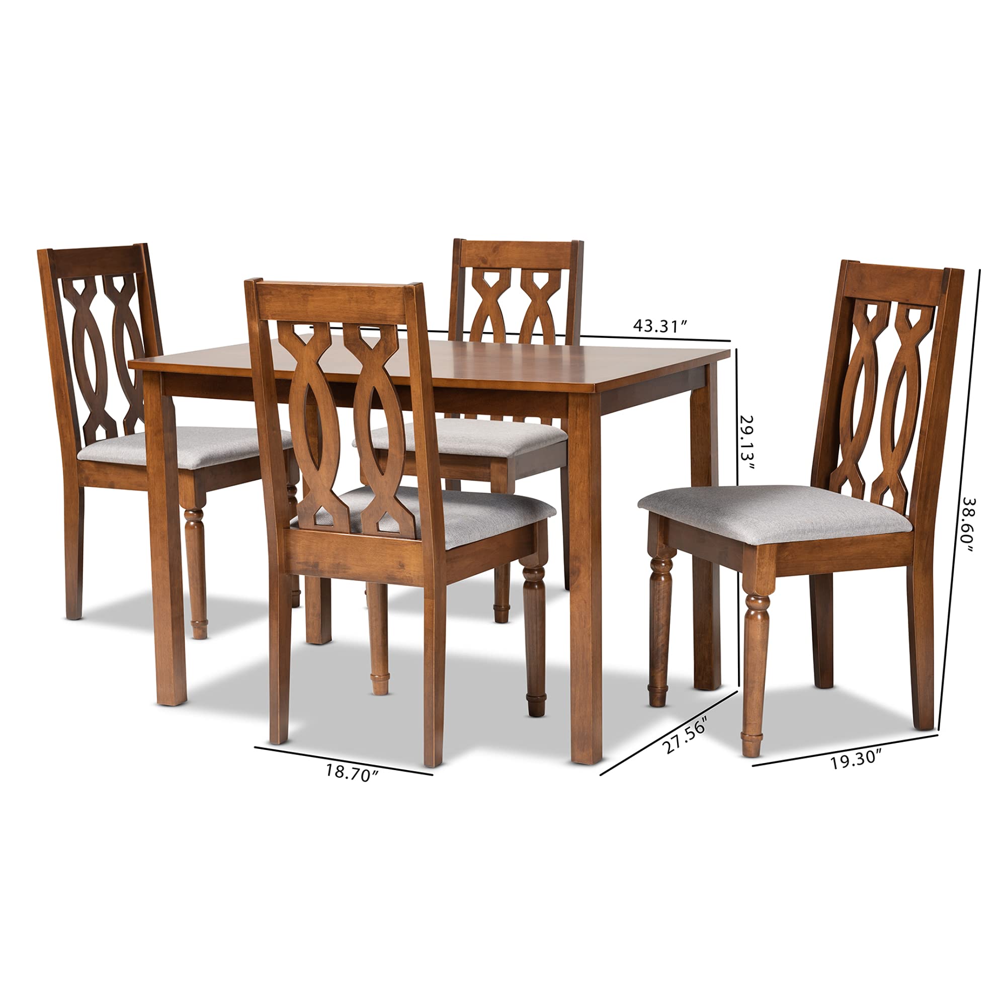 Baxton Studio Cherese 5-Piece Wood Dining Set - Grey Fabric Upholstered Chairs with Walnut Brown Finish | Perfect for Small Spaces, Apartments & Modern Dining Rooms