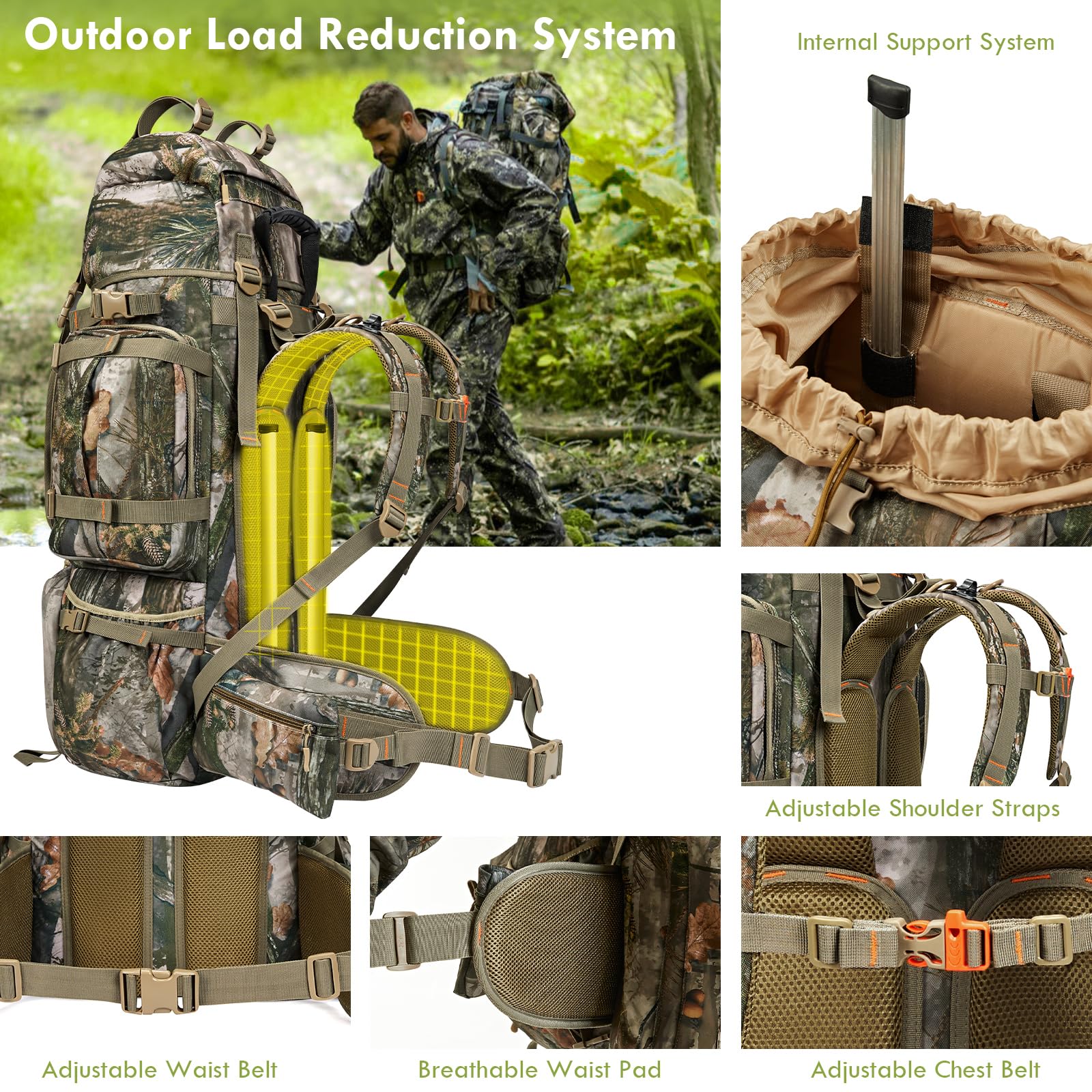 60L/80L Camo Hunting Backpack for Men - Waterproof 600D Tactical Backpack with Rain Cover - Perfect for Outdoor Hunting, Camping & Hiking Adventures