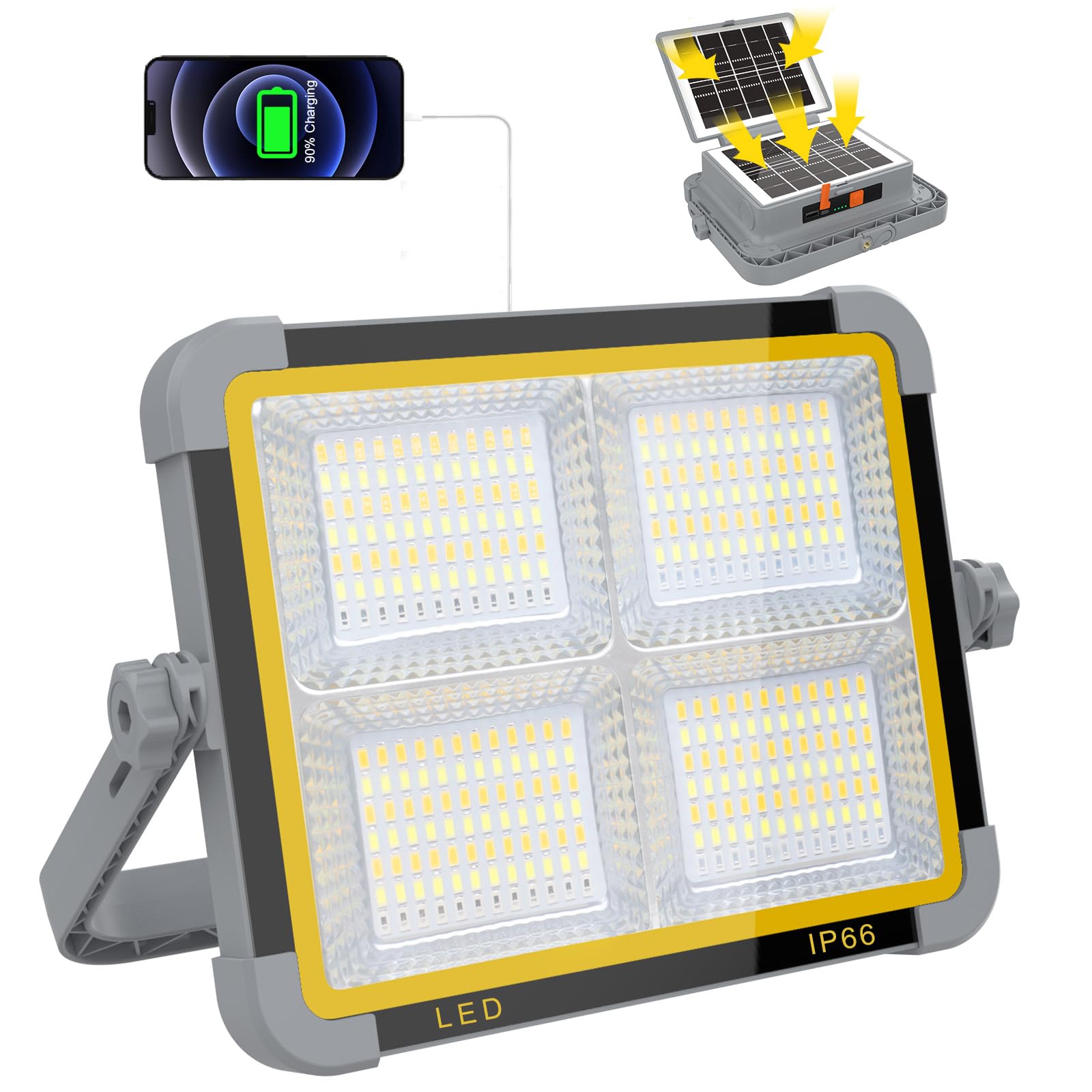 ERAY Rechargeable LED Work Light with Dual Solar Panels - 9000mAh Battery Portable Solar Camping Light - 4 Lighting Modes for Outdoor, Emergency, Building, Car Repair - Perfect for Camping, Power Outages & DIY Projects (Grey)