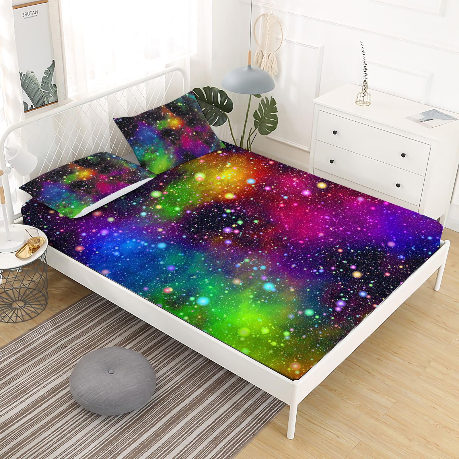 Rainbow Galaxy Queen Fitted Sheet Set - Space Themed Bedding for Kids - 3 Piece Microfiber Set with Deep Pocket & Wrinkle Free (Includes 1 Sheet + 2 Pillowcases) - Perfect for Kids' Rooms, Space Themed Decor & Gift Giving
