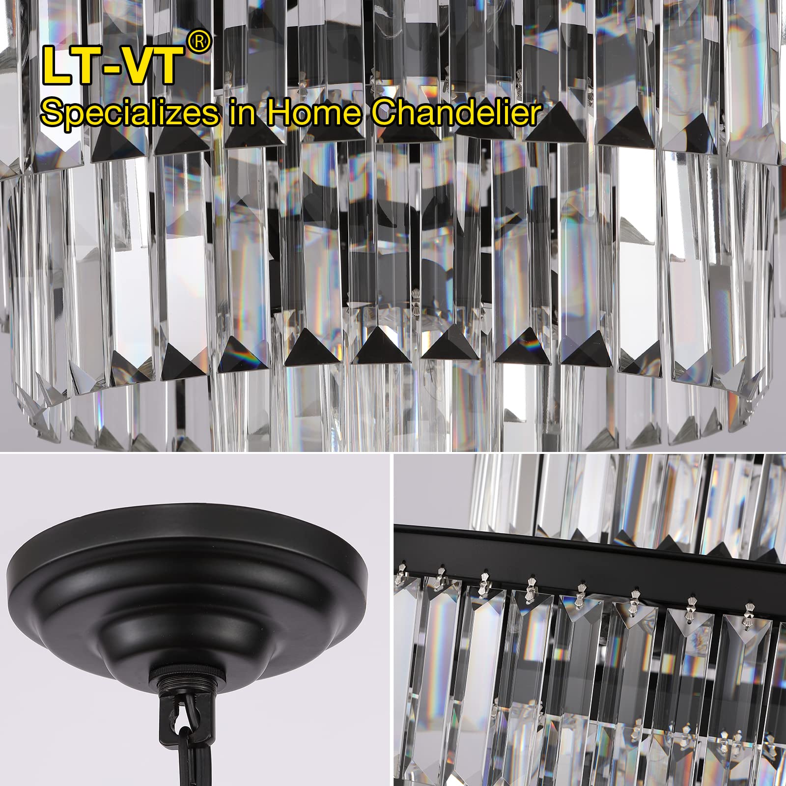 Modern Black Crystal Chandelier - 5-Tier Round Hanging Pendant Light Fixture (24 Inch) for Dining Room & Living Room | Elegant Ceiling Lighting for Home Decor, Weddings & Special Events