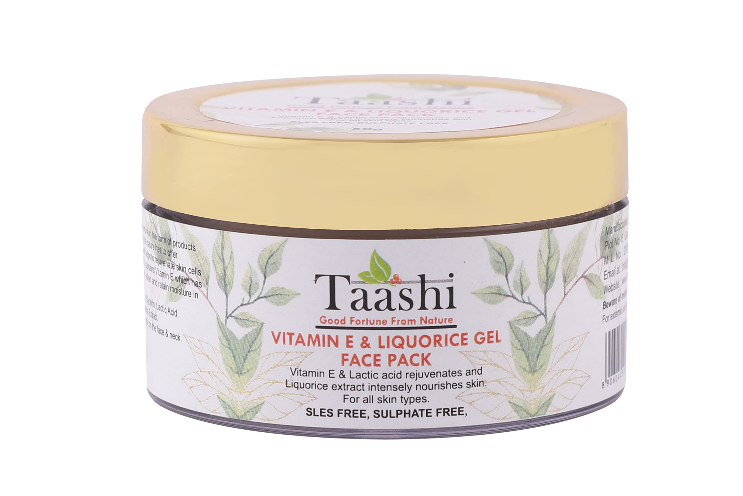 Taashi Vitamin E & Licorice Gel Face Pack (50g) for Minimizing Open Pores - Suitable for All Skin Types | Brightening & Pore Refining Facial Treatment for Glowing Skin