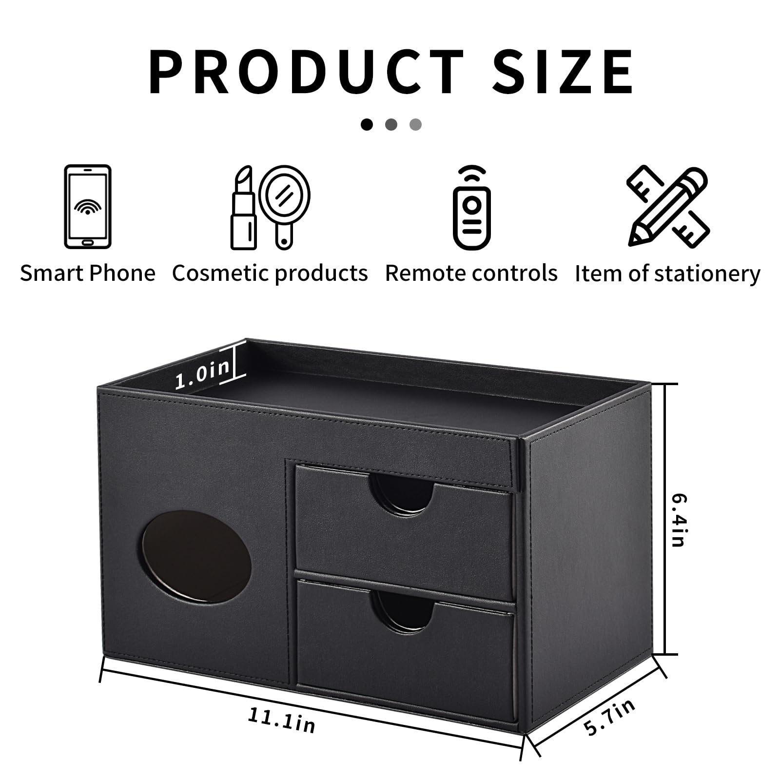 Square Tissue Box Cover with Drawers & Storage Tray - Makeup Organizer & Desk Organizer - Decorative Tissue Holder for Bathroom, Vanity, Nightstand & Dressing Table (Black) - Perfect for Home, Office & Bedroom Organization