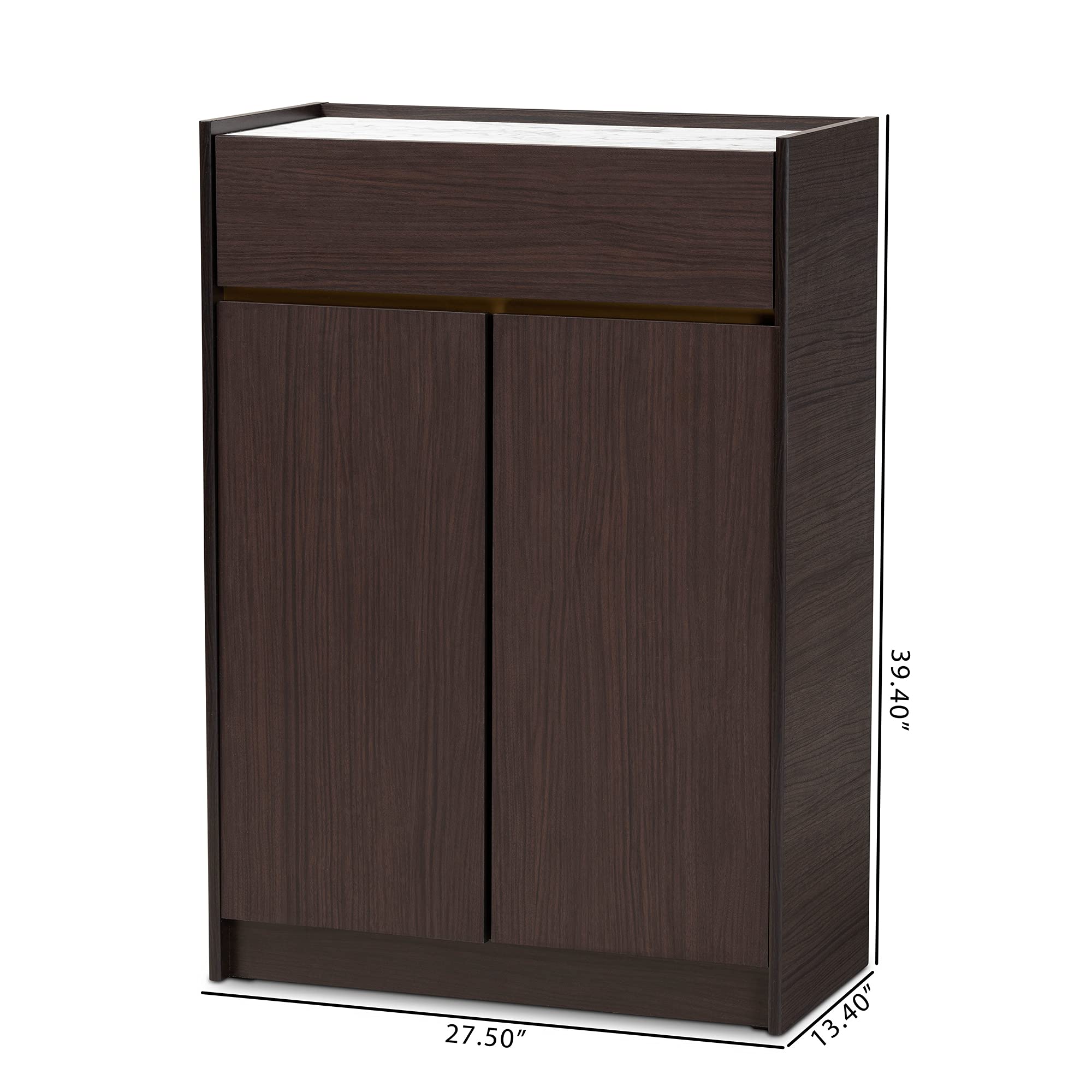 Baxton Studio Walker Modern Shoe Cabinet - Dark Brown & Gold Wood with Faux Marble Top | Entryway Storage Organizer for Hallway, Bedroom & Closet