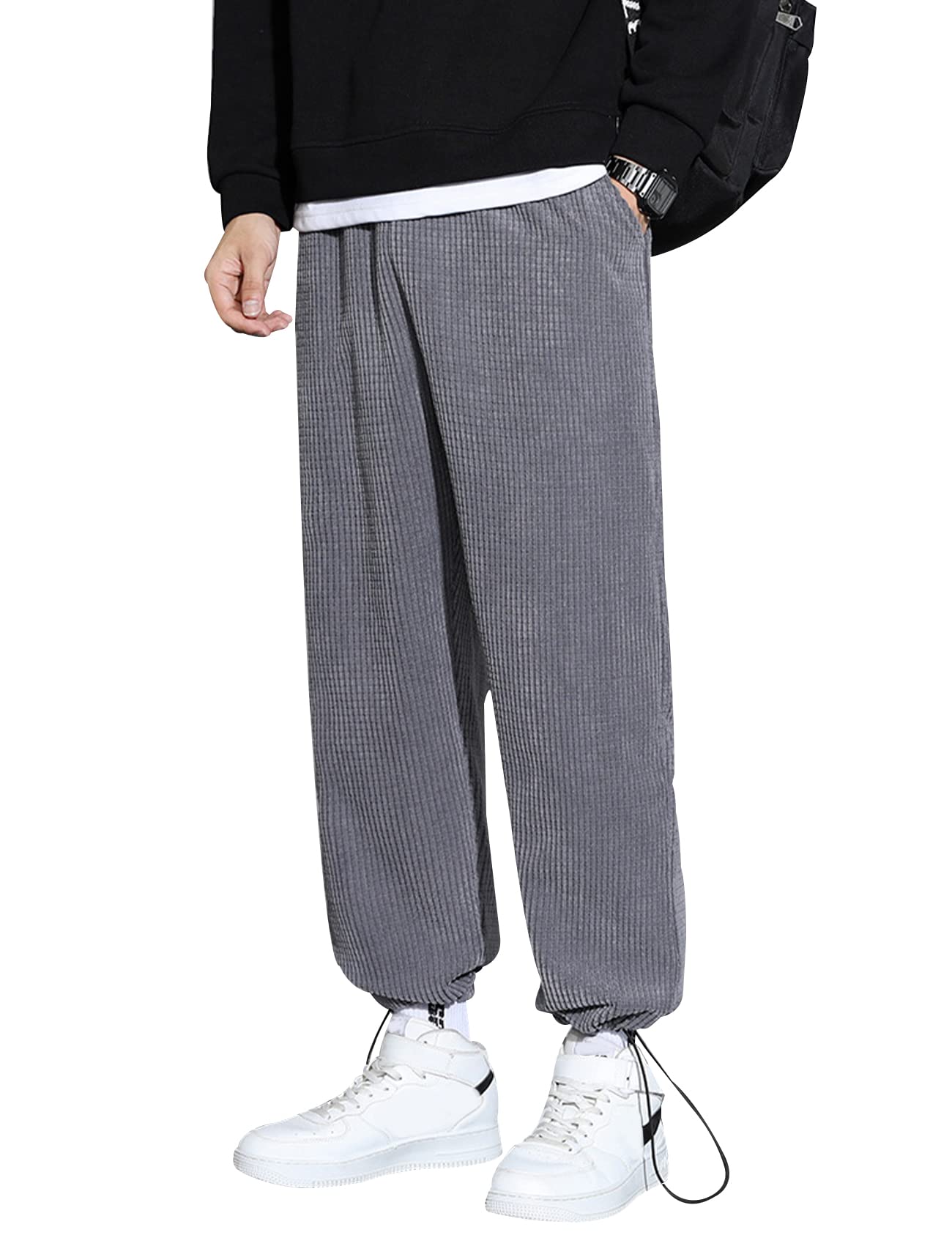Gihuo Men's Loose Fit Waffle Corduroy Jogger Pants with Drawstring - Mid Waist Casual Trousers for Lounge, Streetwear & Outdoor Activities