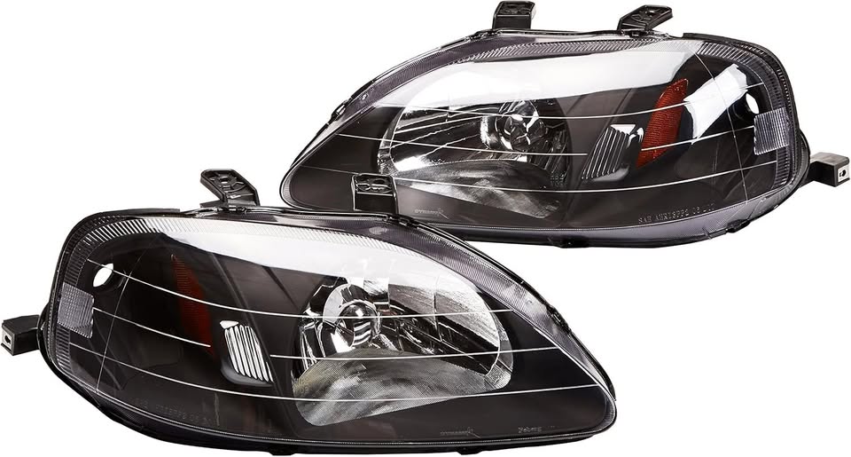 1999-2000 Honda Civic Crystal Headlights with Amber Reflector - Matte Black Housing & Clear Lens Replacement Headlamp Assembly - Perfect for Night Driving & Car Upgrades