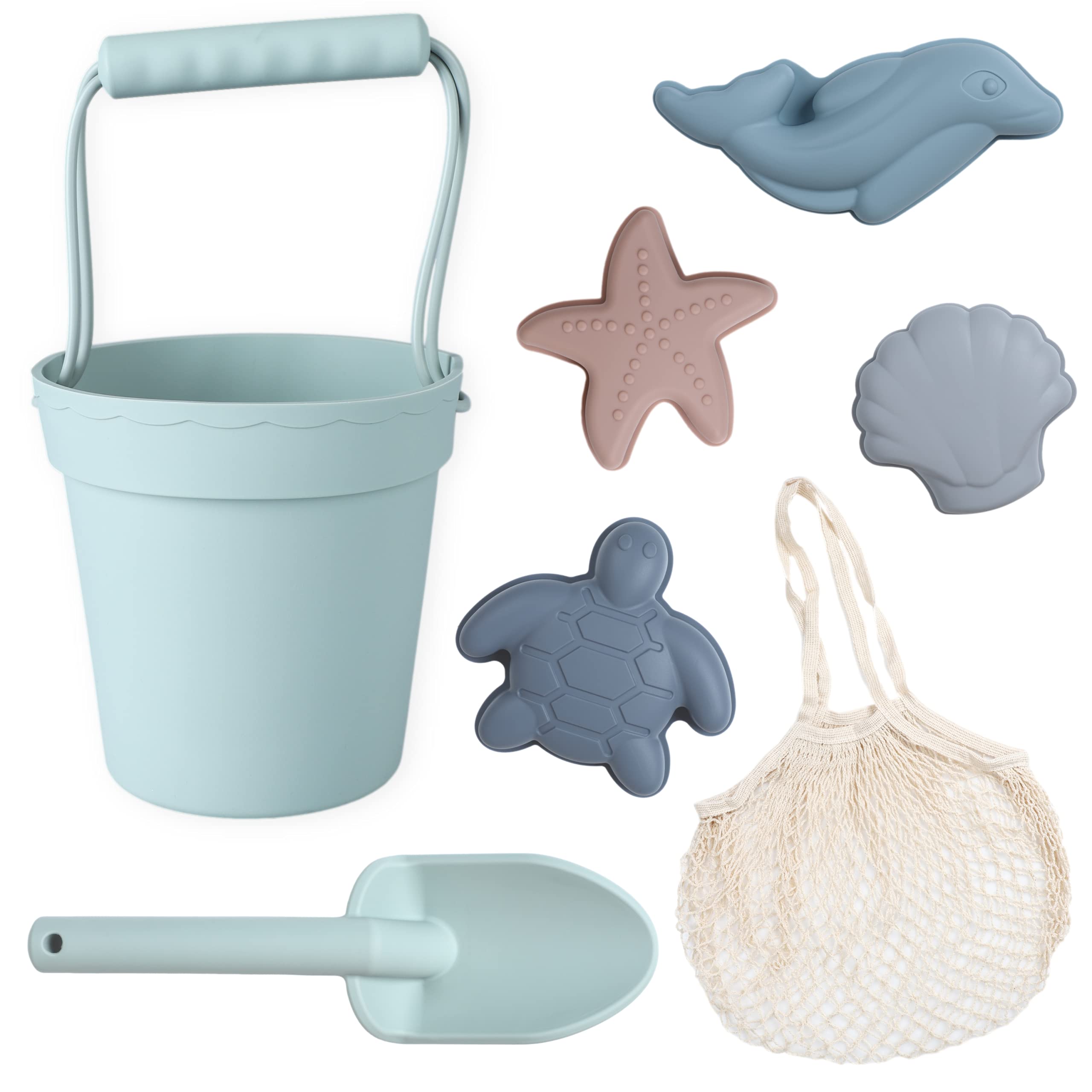 BLUE GINKGO Silicone Beach Toys Set - Durable Bucket, Shovel & 4 Sand Molds with Storage Bag for Toddlers & Kids | Perfect for Beach, Sandbox & Outdoor Play | BPA-Free & Travel-Friendly (Green)