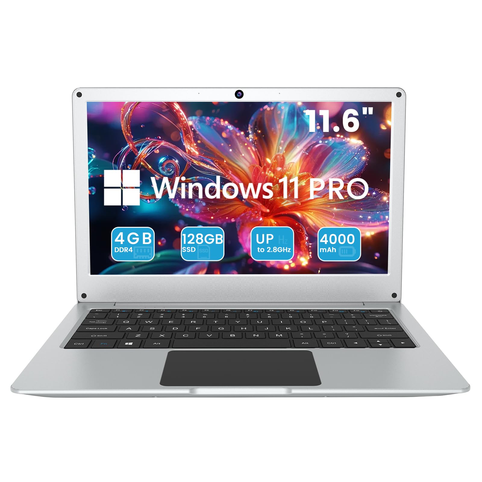 Azeyou 11.6 Inch Windows 11 Pro Laptop - Intel Celeron N4020C Processor (Up to 2.8GHz), 4GB DDR4 RAM, 128GB eMMC Storage, HD+ Display, Dual Speakers - Silver | Portable Notebook for Business, School & Travel
