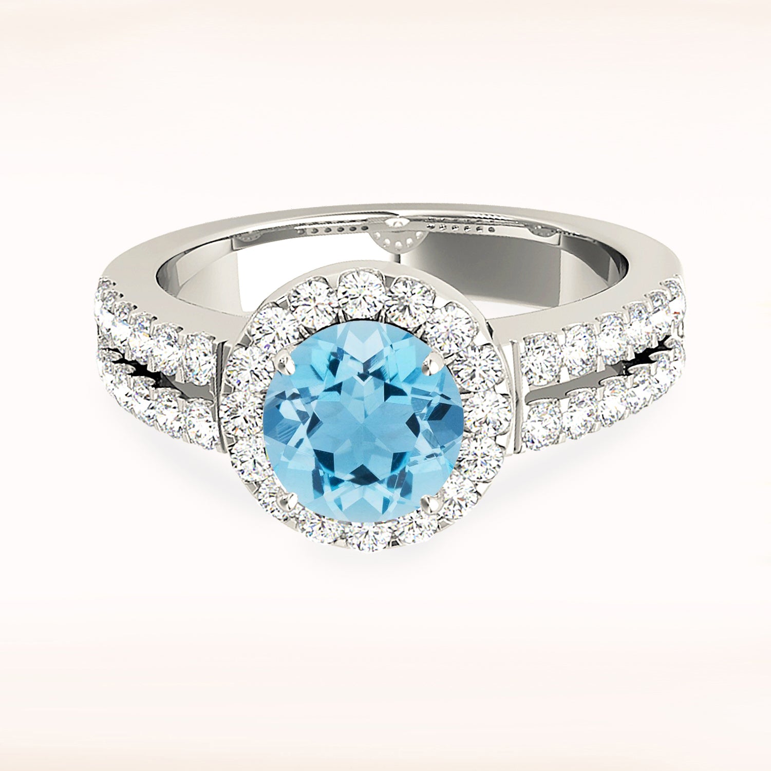 1.10 Carat Genuine Aquamarine Halo Ring with Split Diamond Band - Elegant Engagement, Wedding, Anniversary Gift for Her