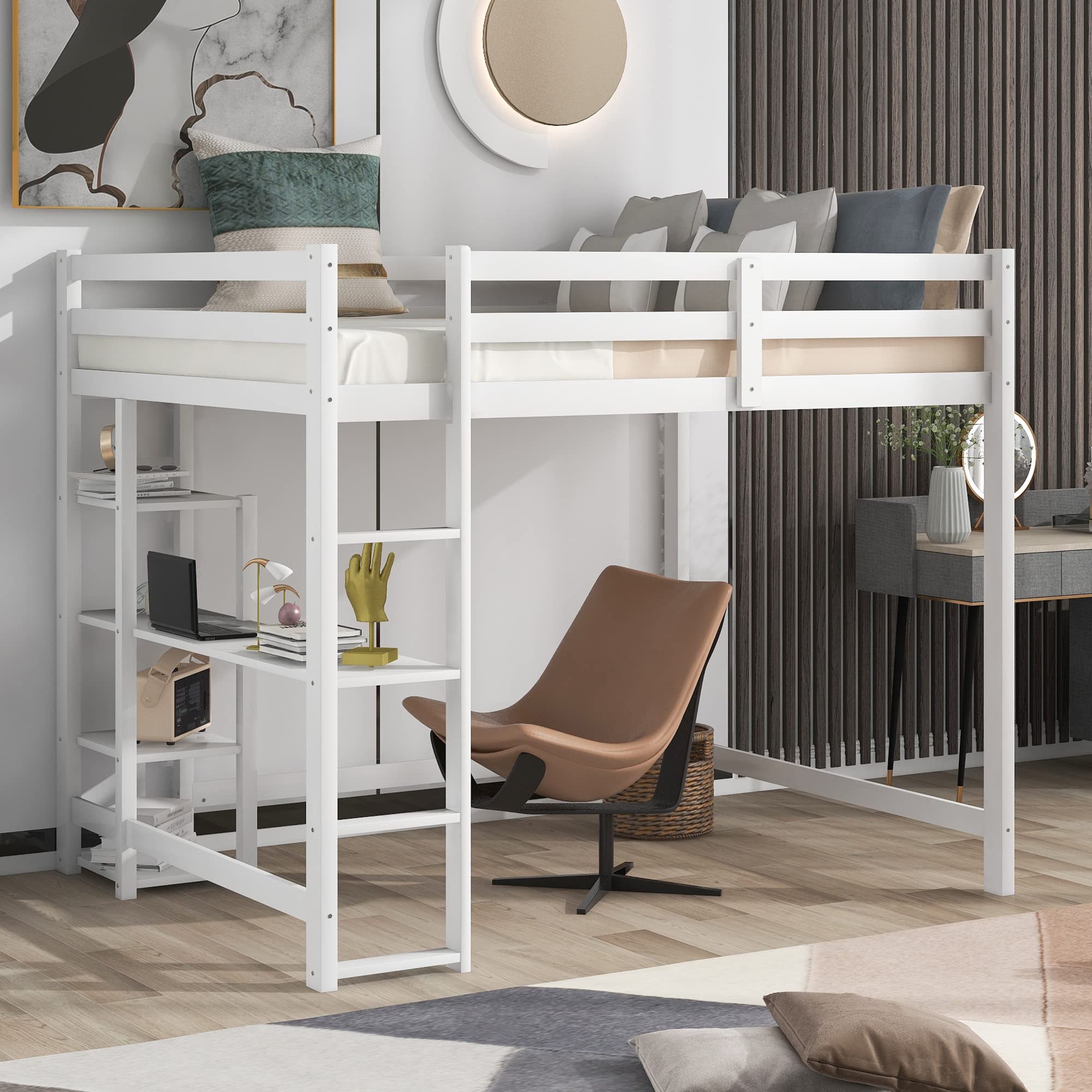 Full Size Loft Bed with Built-in Desk & Shelves - Sturdy Wooden Bed Frame with Ladder - No Box Spring Needed - Easy Assembly - Headboard & Footboard Included - Space Saving Design for Kids, Teens & Adults (White) - Perfect for Small Bedrooms, Dorms & Studio Apartments