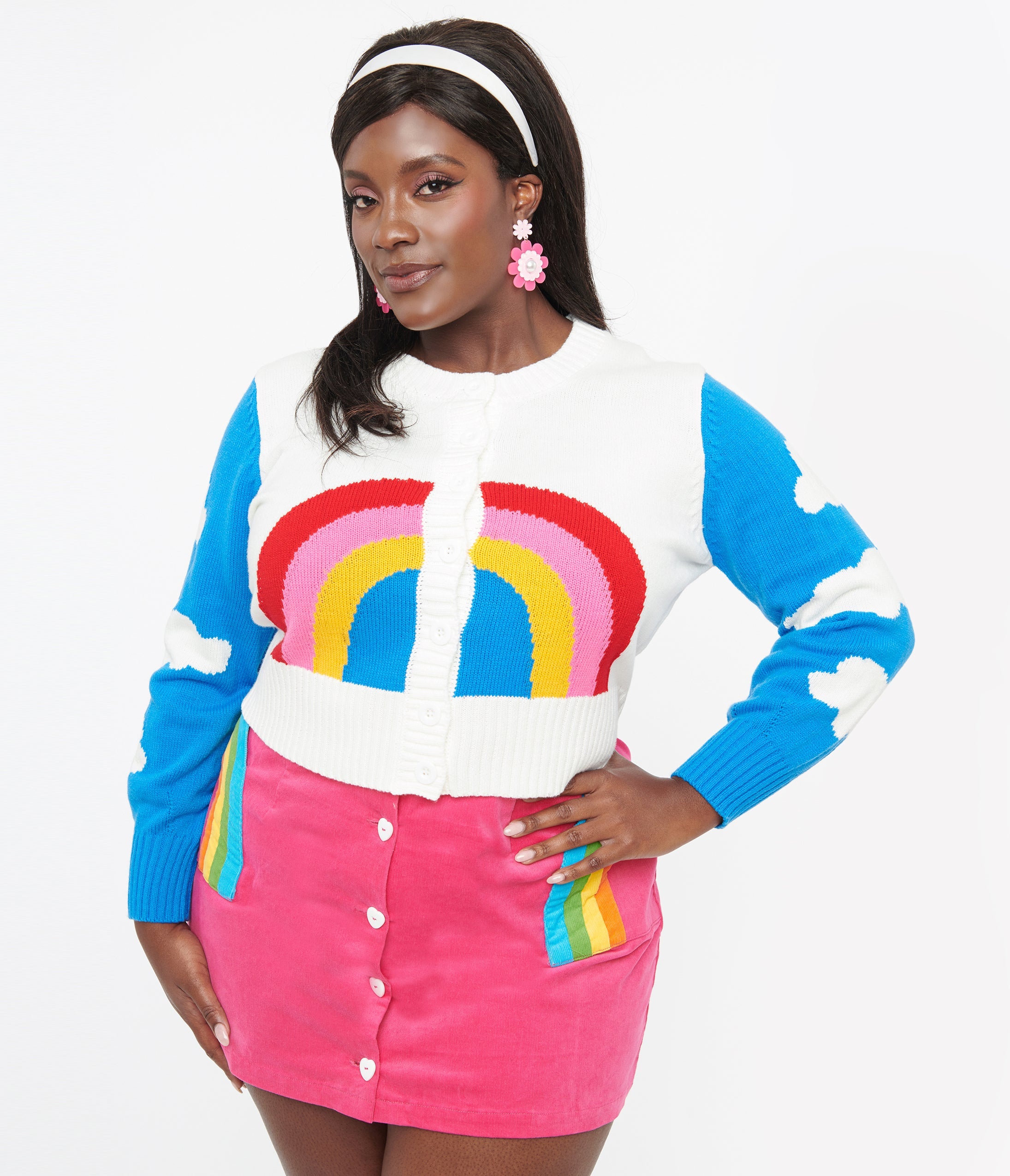 Smak Parlour Plus Size 1960s Blue & Rainbow Clouds Cardigan | Vintage Inspired Oversized Sweater | Perfect for Boho Outfits, Music Festivals & Retro Fashion