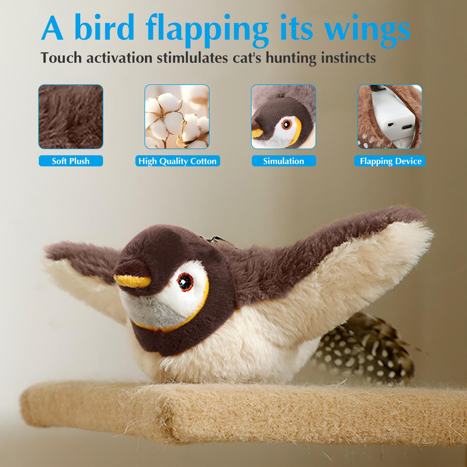 2025 Flying Bird Cat Toy - Interactive Chirping & Flapping Sparrow Brown Cat Toy for Indoor Cats - Perfect for Playtime & Exercise