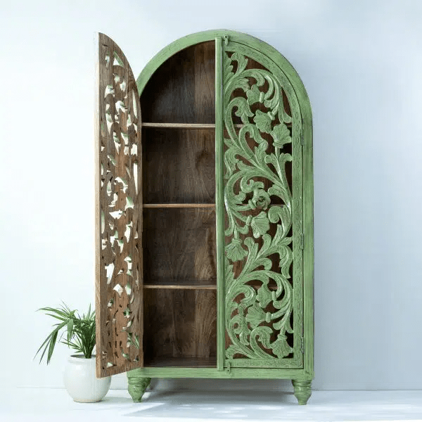 Hand Carved Solid Wooden Tall Cupboard in Green - Vintage Style Storage Cabinet for Living Room, Bedroom & Kitchen Organization