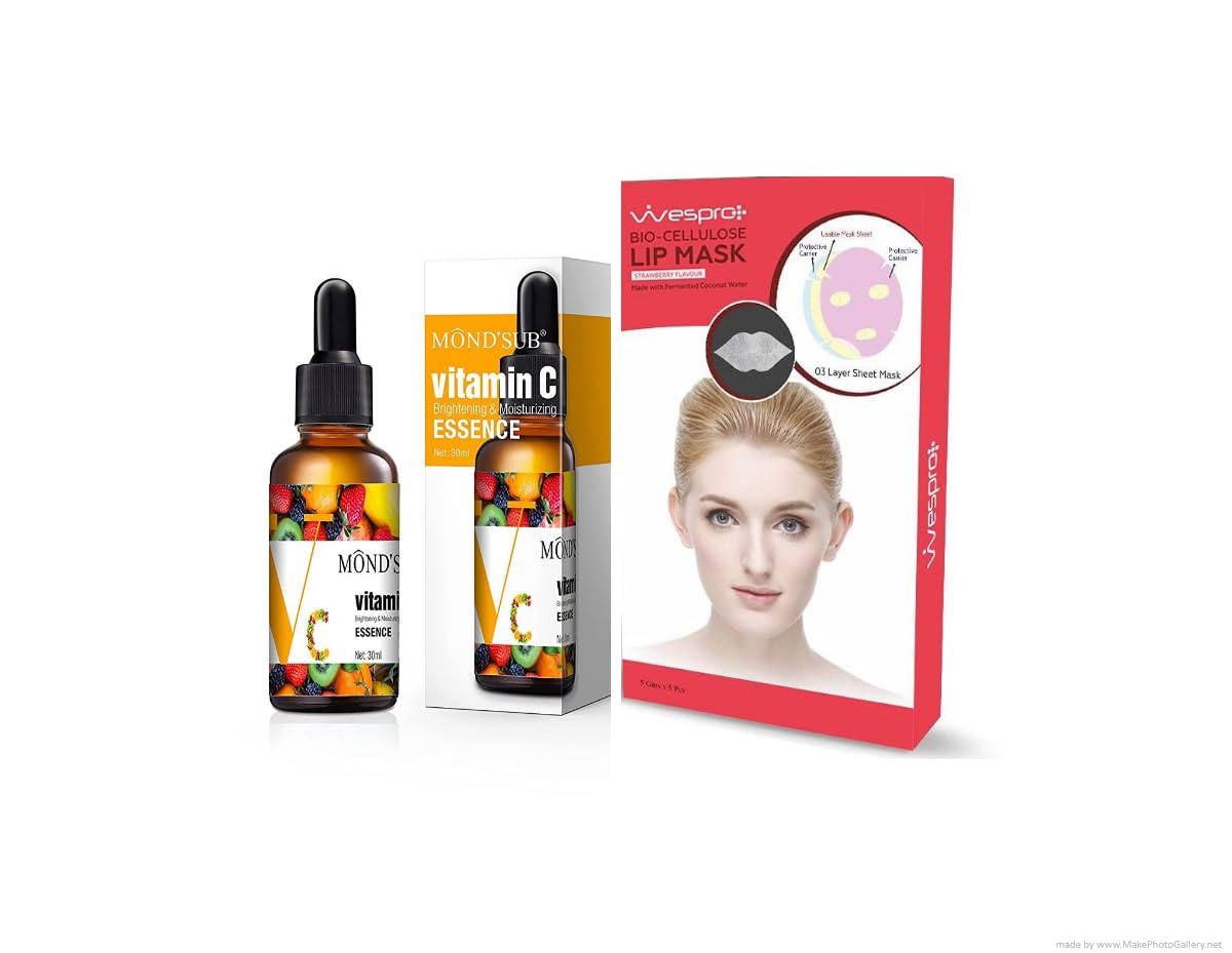 **Mond'sub Vitamin C Serum for Face - 3-O Ethyl Ascorbic Acid Brightening & Anti-Aging Treatment - Fades Hyperpigmentation & Dark Spots - 30ml with Free Bio-Cellulose Lip Mask (5 Pack) - Perfect for Daily Skincare & Glowing Complexion**