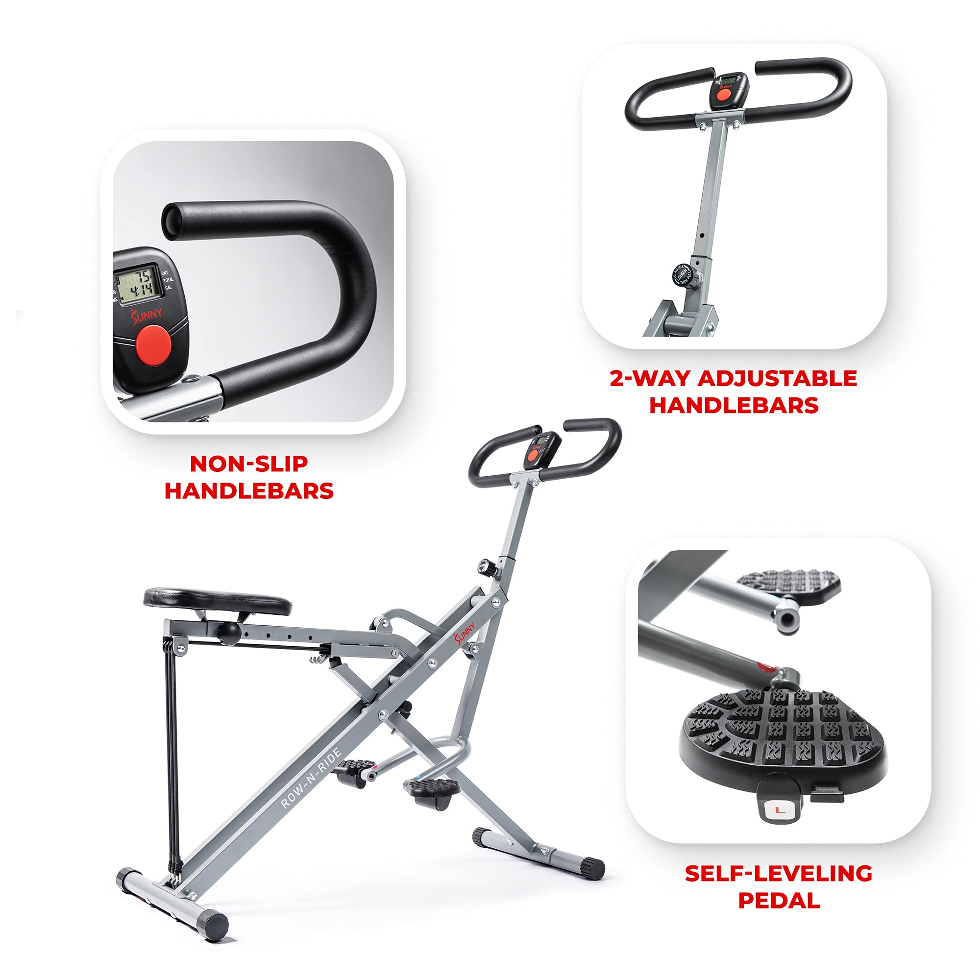 Sunny Health & Fitness Row-N-Ride Squat Machine - Home Gym Equipment for Glutes, Abs & Full Body Workout | DB Method Assisted Trainer for Butt Building & Toning | Perfect for Home Exercise & Small Spaces
