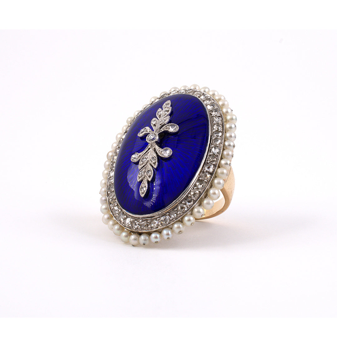Victorian Style Retro Diamond Pearl & Enamel Dinner Ring - Elegant Antique Jewelry for Women | Perfect for Evening Parties, Weddings & Special Occasions