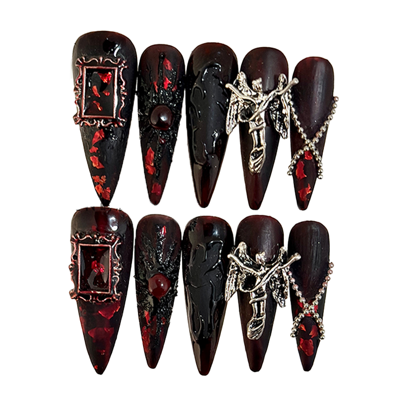 YUCHEN Blood Angel Gothic Opulence Nail Set - Elegant Gothic Press On Nails for Women, Halloween & Cosplay - Perfect for Parties, Costume Events & Dark Fashion Looks