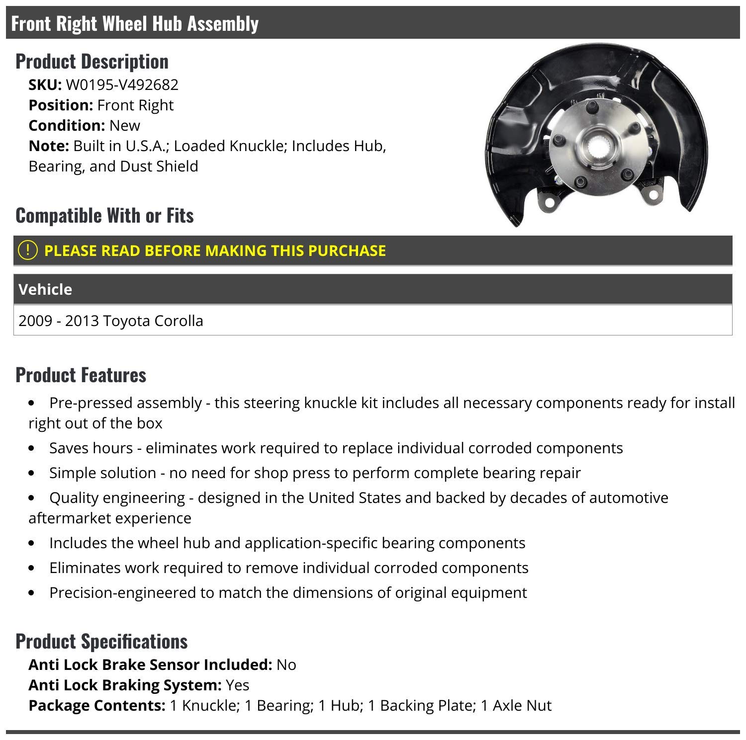 2009-2013 Toyota Corolla Front Right Passenger Side Wheel Bearing Hub Assembly with Knuckle - Replacement Part for USA Built Models - Perfect for Smooth Ride & Vehicle Maintenance