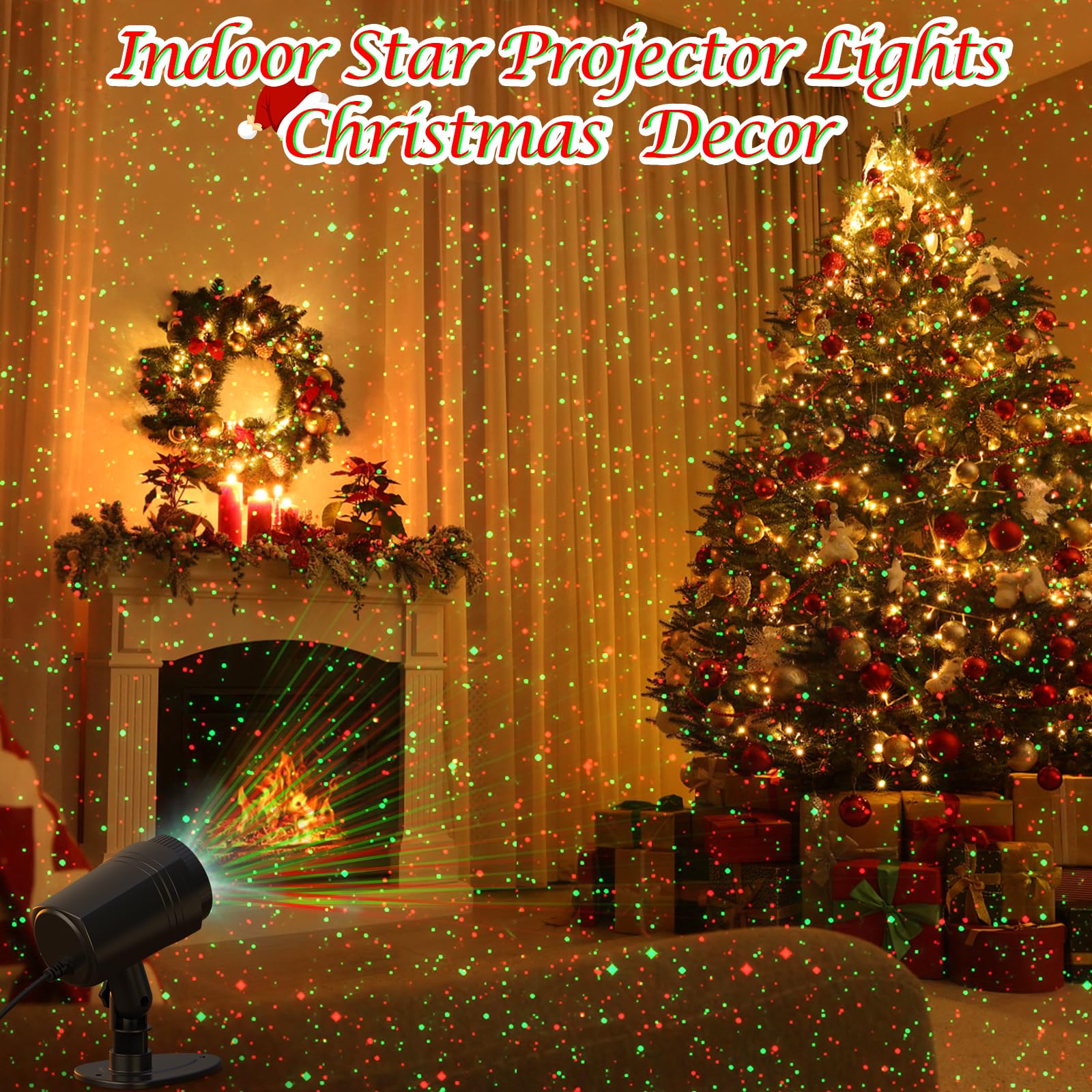 Christmas Projector Lights Outdoor - Firefly Show Decorations with Red & Green Stars, Waterproof Remote Control & Timer - Perfect for Garden, Indoor, Wedding, Home Party & Holiday Decorations