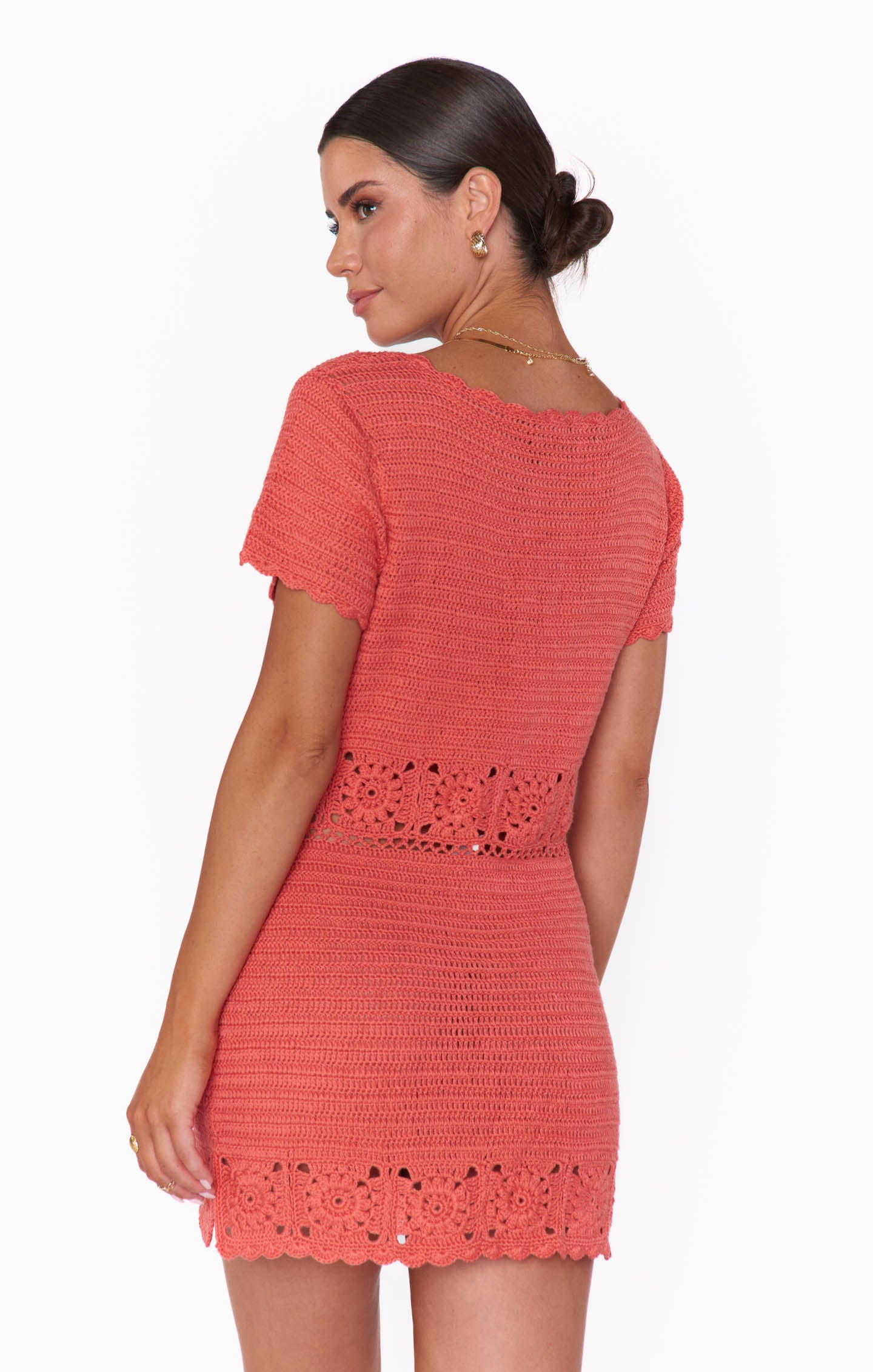 Coral Crochet Mini Dress for Women - Summer Beach Vacation & Boho Party Outfit