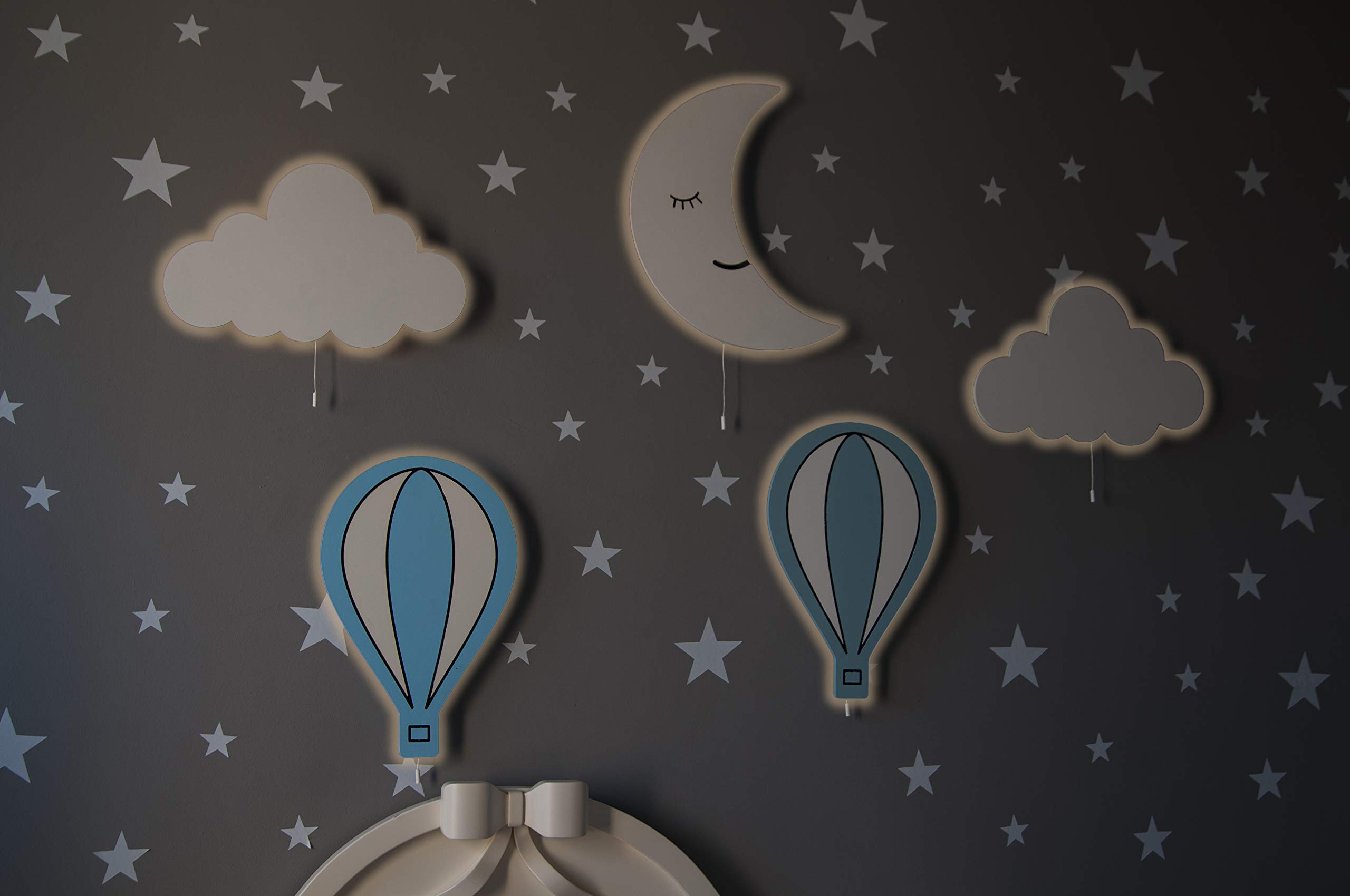 Wooden LED Night Light Set of 5 - Light Blue Nursery Wall Decor for Boys & Kids Bedroom | Safe & Soothing Lighting for Bedtime, Playroom, and Children's Room