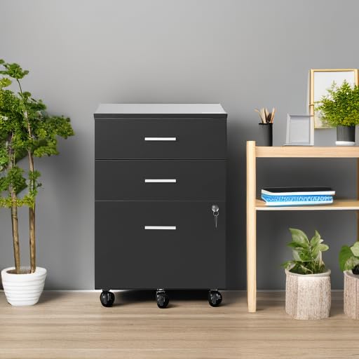 VEVOR 3-Drawer Wood File Cabinet with Lock - Letter/A4 Size Office Storage - 5-Wheel Rolling Design for Home & Office - Black - Perfect for Document Organization & Workspace Storage