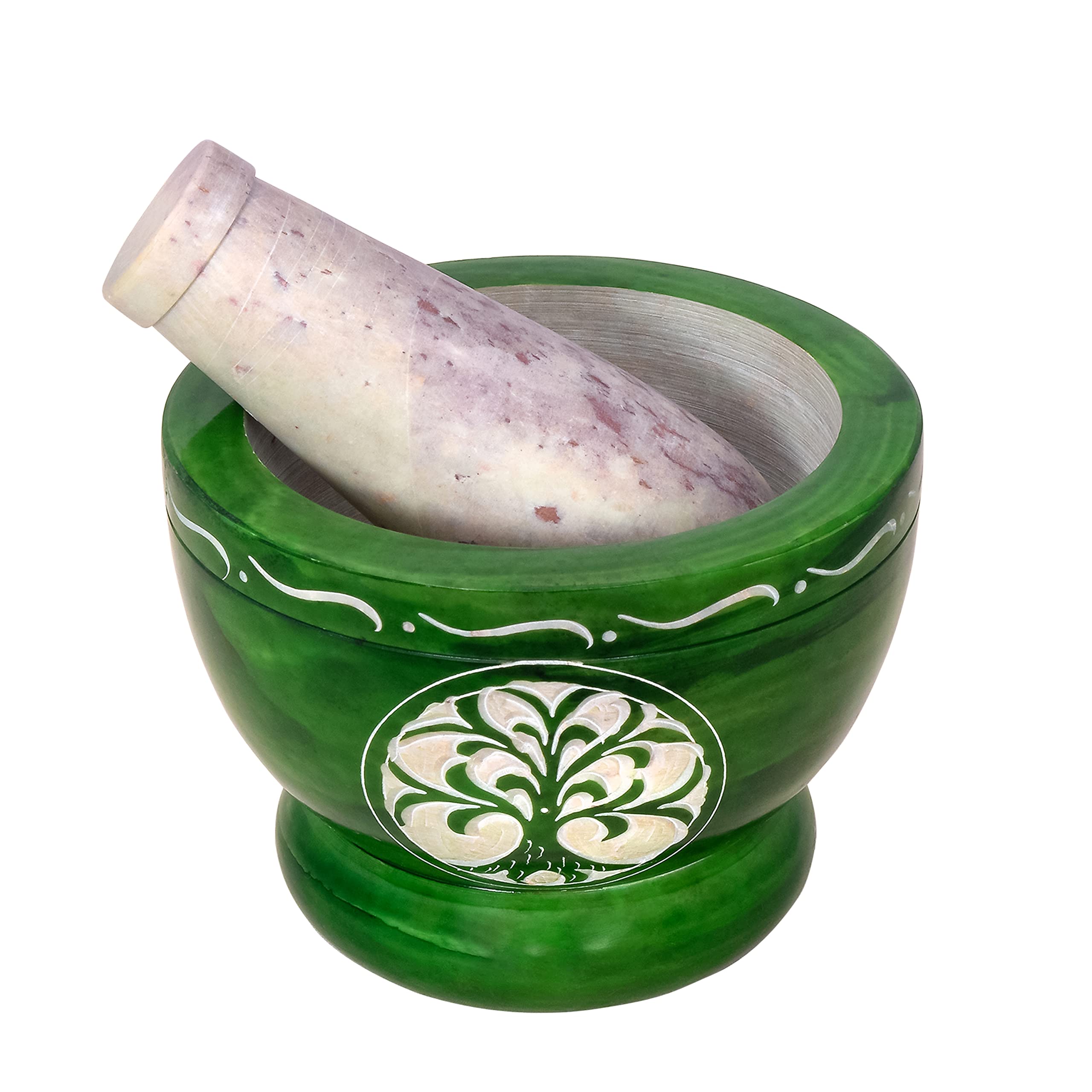 Premium Mortar and Pestle Set - Heavy Duty Polished Natural Stone Spice Grinder for Herbs, Seasonings, Pastes & More (Green Tree of Life Design) - Perfect for Kitchen, Cooking, Ayurveda & Herbal Medicine Preparation
