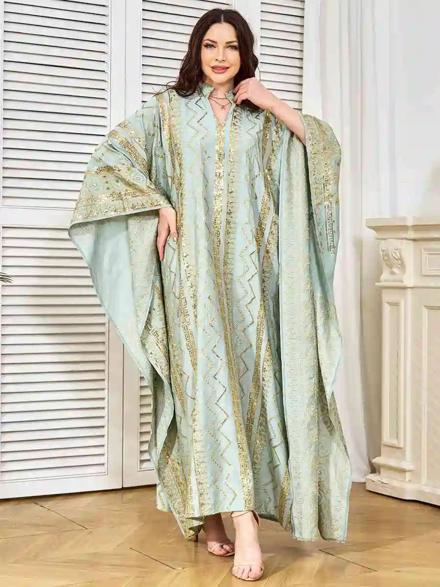Elegant Eid Sequins Embroidered Batwing Sleeve Farasha Kaftan Dress for Women - Perfect for Eid Celebrations, Parties, and Special Occasions