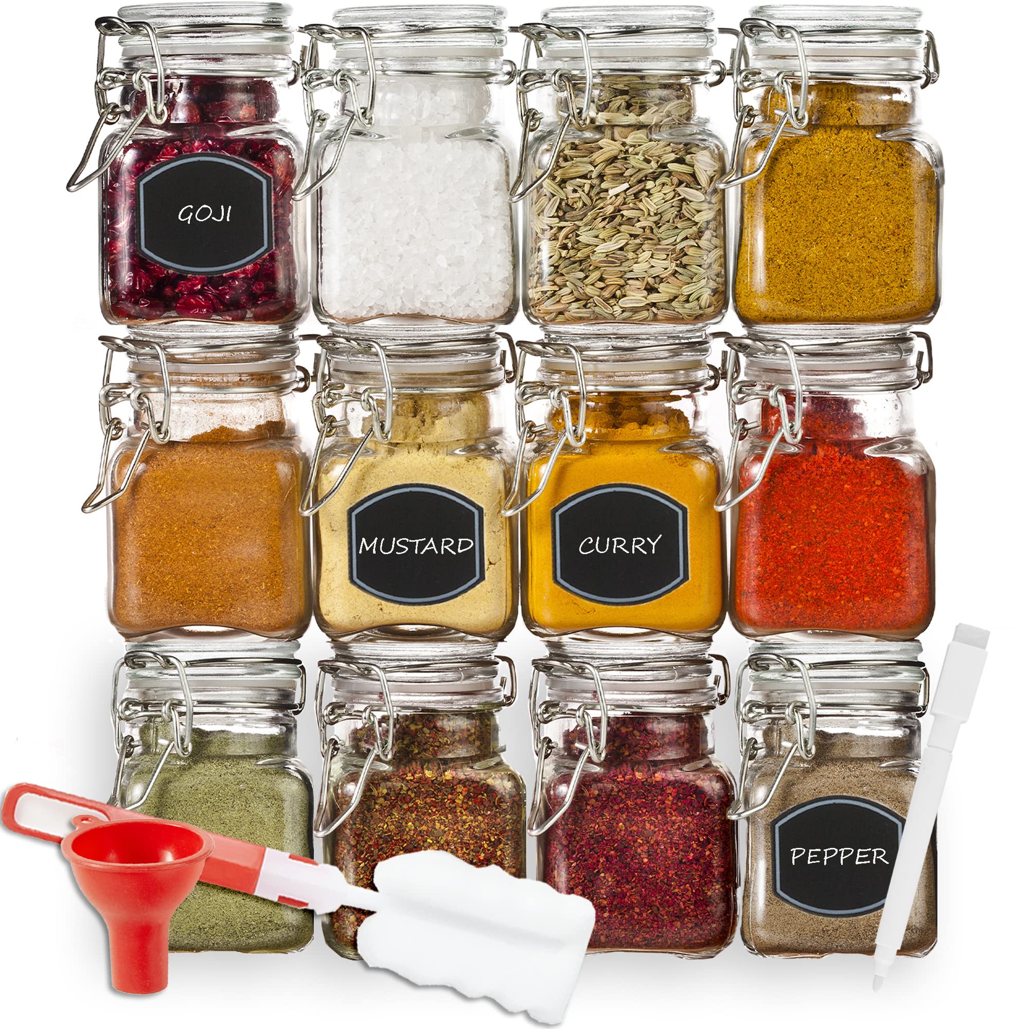 3 oz Small Square Glass Jars with Airtight Lids - 12 Pack Empty Spice Containers with Leak Proof Rubber Gasket, Chalkboard Labels & Marker - Perfect for Kitchen Pantry Organization, Herb Storage, DIY Spice Blends and Gift Packaging