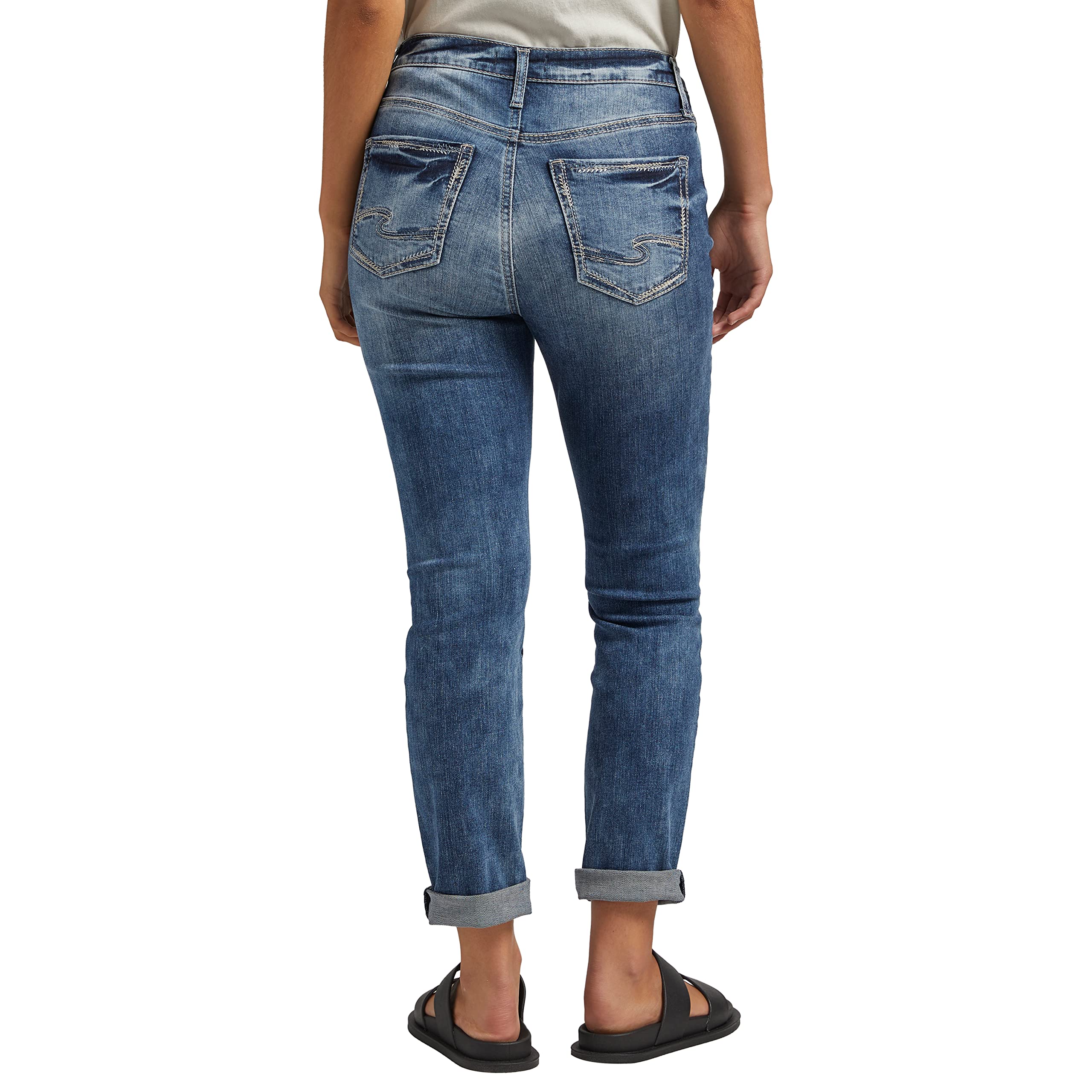 Silver Jeans Co. Women's Girlfriend Mid Rise Slim Leg Jeans - Comfortable Stretch Denim Pants for Casual Wear & Everyday Outfits