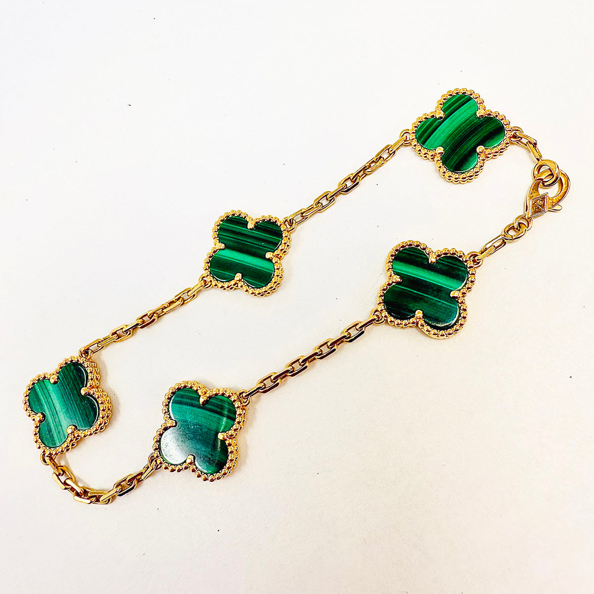 Van Cleef & Arpels Vintage Alhambra 5 Motifs Malachite Bracelet - Luxury 18K Gold Jewelry for Women, Elegant Green Stone Gift for Anniversary & Special Occasions