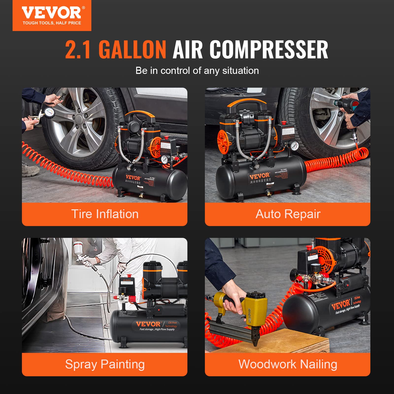 VEVOR 2.1 Gallon Oil-Free Air Compressor, 1.2HP 2.2 CFM@90PSI Portable Air Compressor with 116PSI Max Pressure - Ultra Quiet 70dB for Auto Repair, Tire Inflation, Spray Painting, Nailing - Perfect for Home Garage, DIY Projects & Professional Workshops