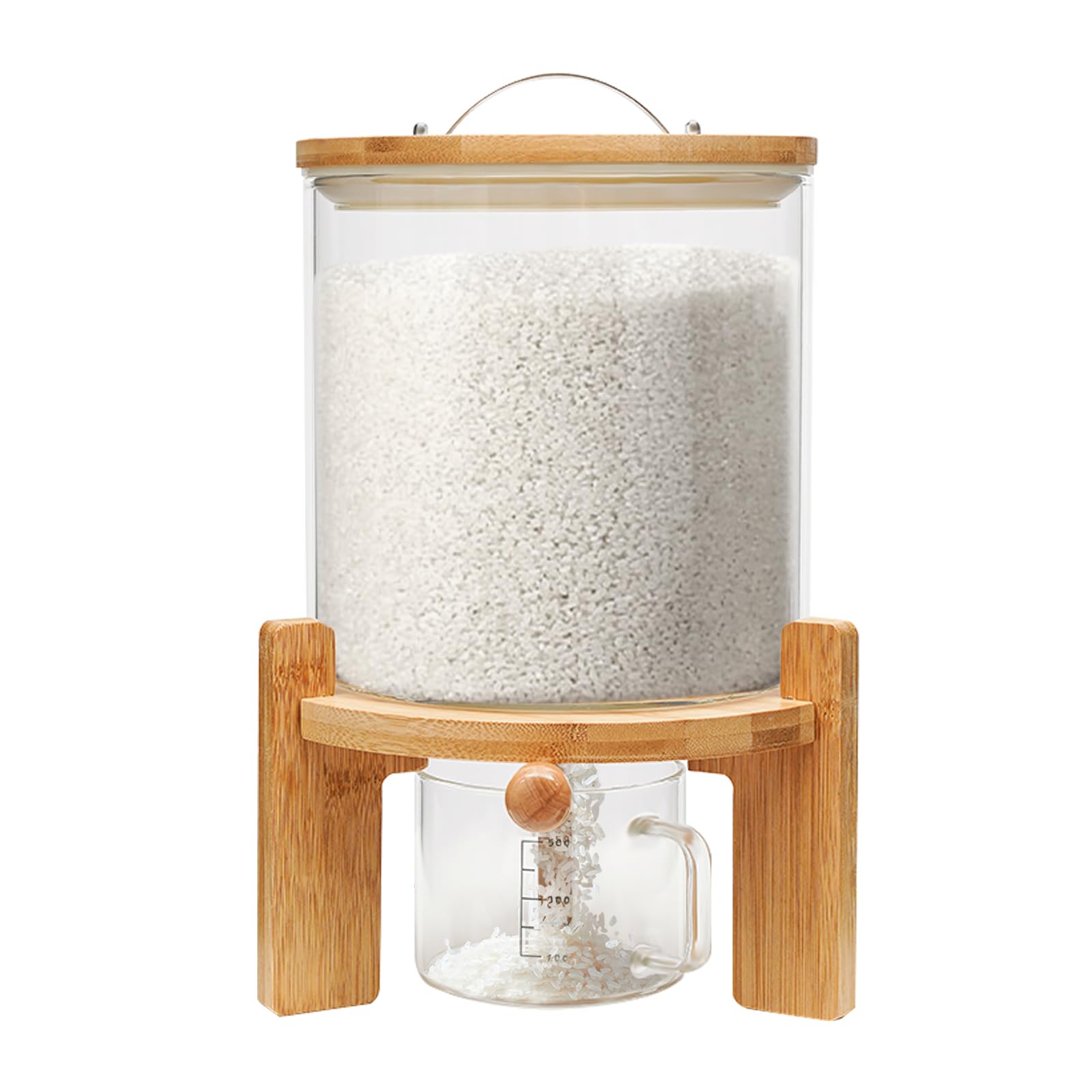 DYNAMI 5L Glass Rice Dispenser with Airtight Lid - Glass Cereal Storage Container with Bamboo Stand, Measuring Cup & Thermometer - Perfect for Kitchen Organization, Pantry Storage & Countertop Display
