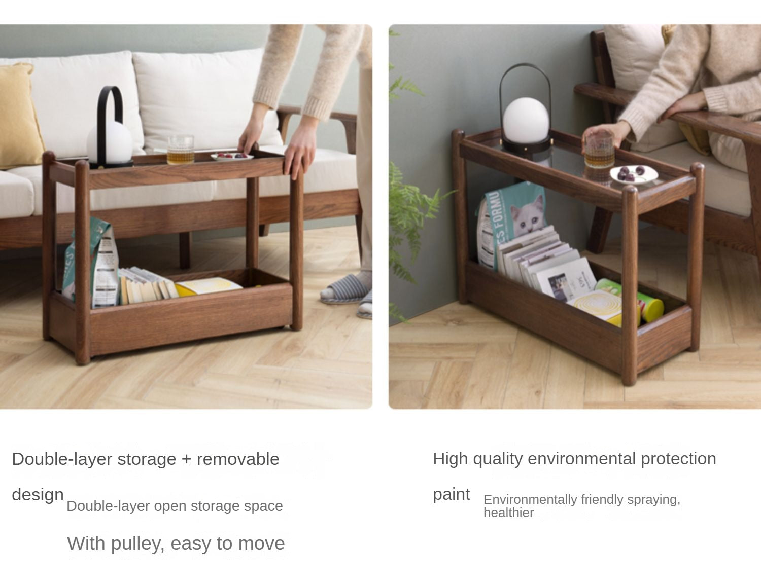 Solid Oak Wood Mobile Storage Side Table - Rolling End Table with Wheels for Living Room, Bedroom & Office - Perfect for Books, Plants & Decor