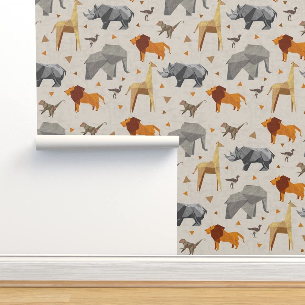 Commercial Grade Wallpaper 27ft x 2ft - Origami Safari Animal Print (Lion, Monkey, Giraffe, Rhino) for Home Decor | African Wild Theme | Gender Neutral Traditional Design by Spoonflower | Perfect for Nursery, Living Room & Office Accent Walls