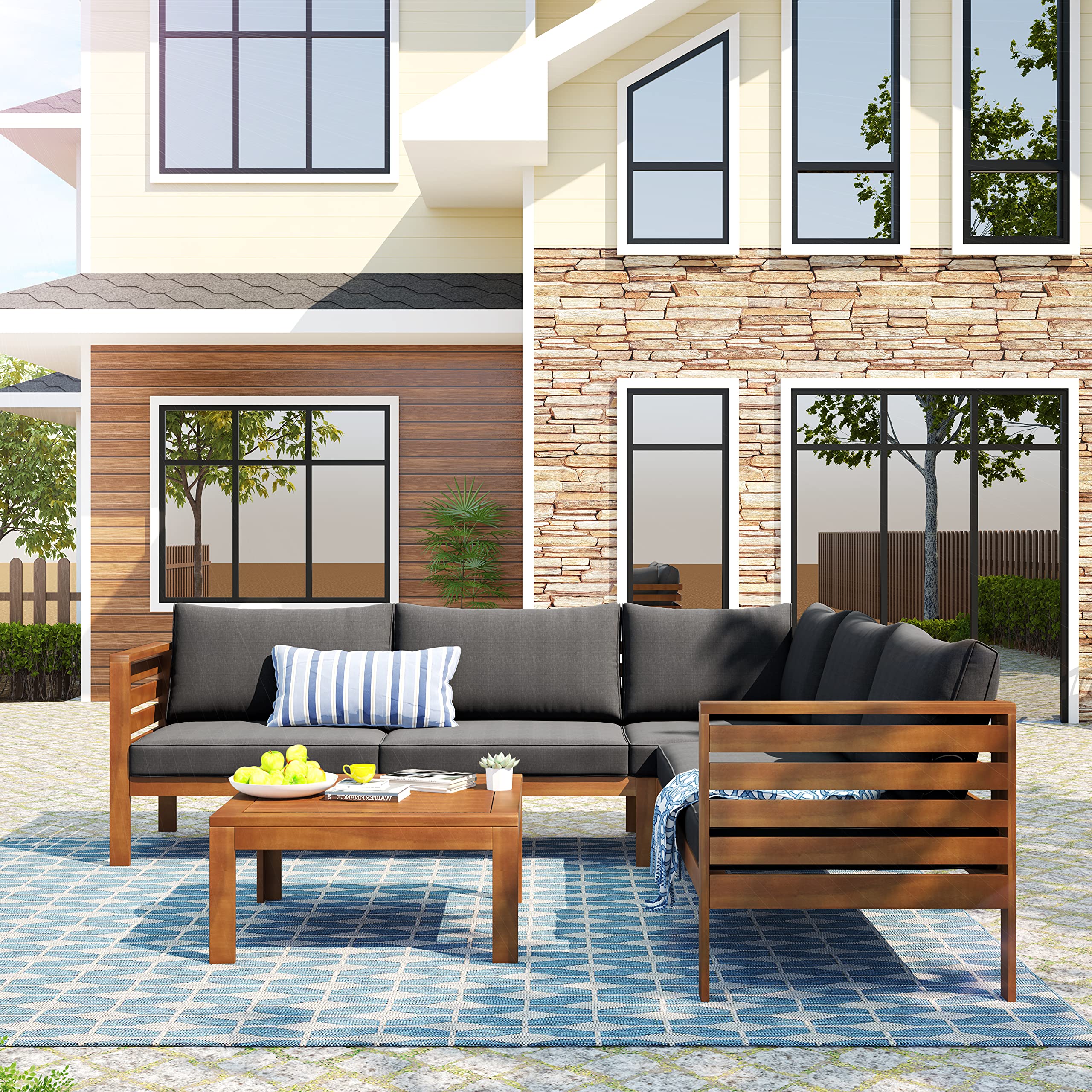 Quarte 4-Piece Outdoor Patio Furniture Set - Wooden L-Shaped Sectional Sofa with Waterproof Cushions & Coffee Table - Perfect for Garden, Backyard, Poolside & Conversation Areas