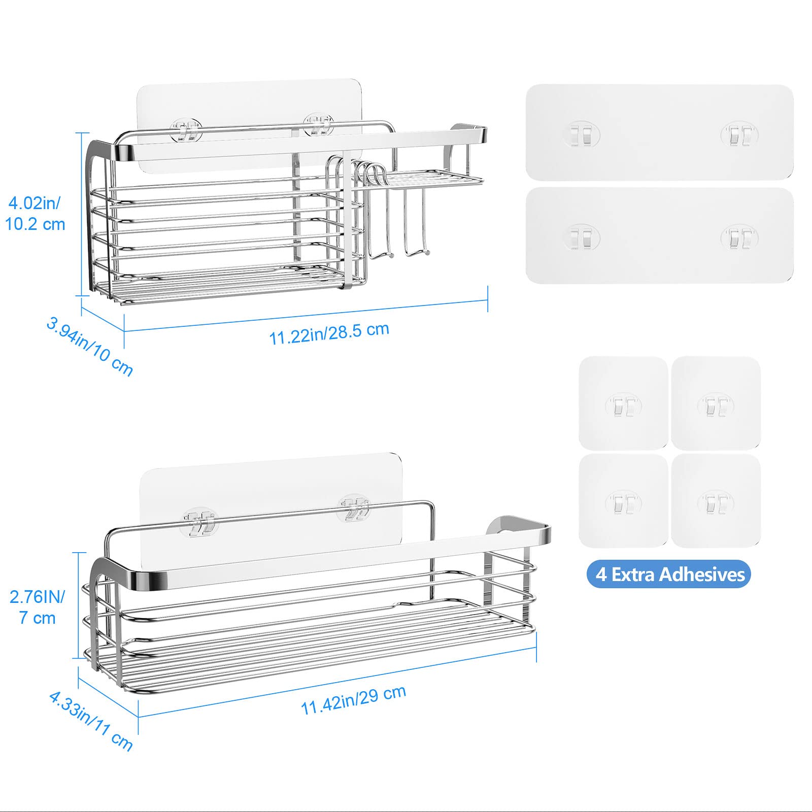 Stainless Steel Shower Caddy 2-Pack - No Drill Adhesive Bathroom Organizer Shelf for Shampoo, Conditioner & Toiletries - Silver Shower Storage Rack - Perfect for Small Bathrooms & Apartment Showers