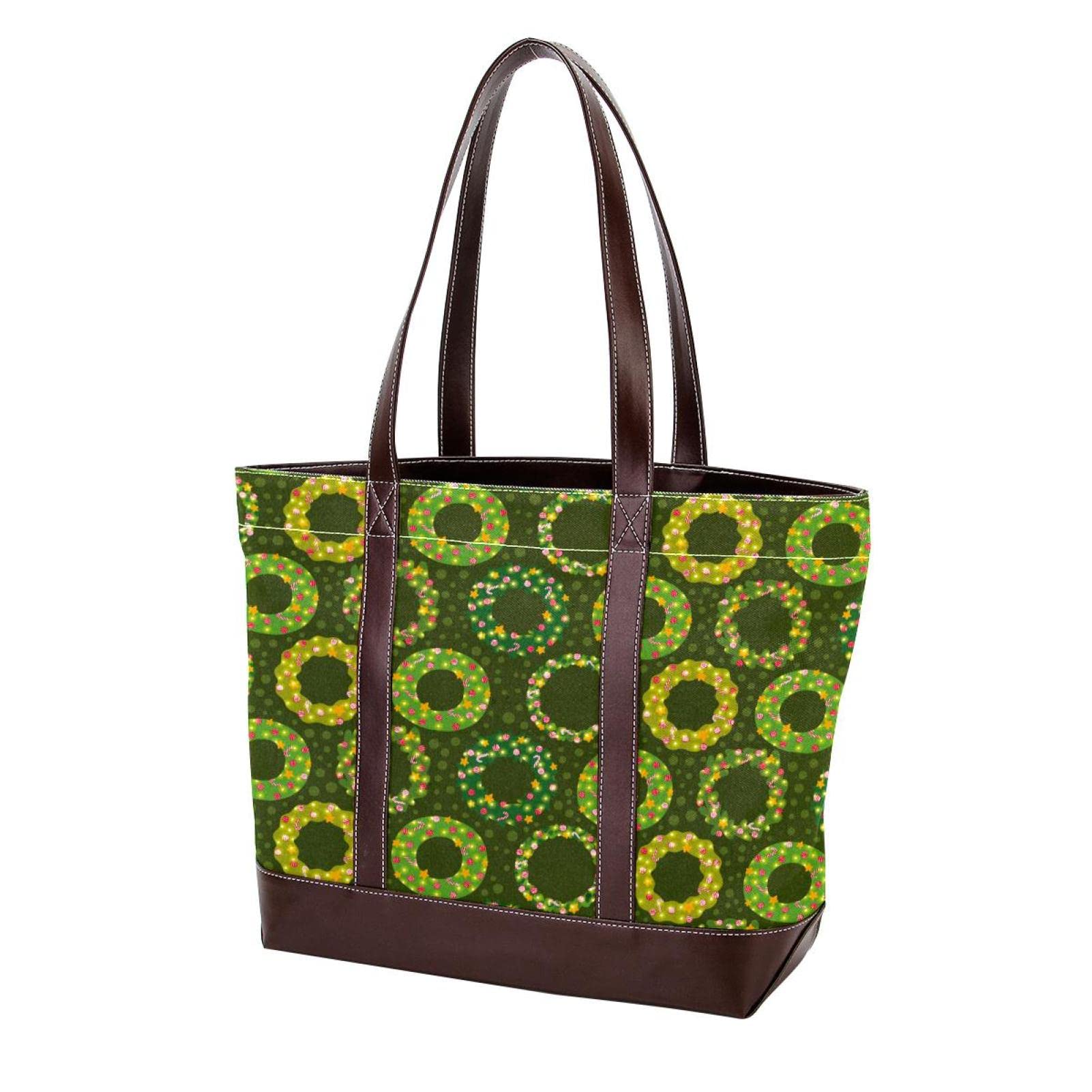 Christmas Green Wreath Pattern Tote Bags for Women - Large Leather Canvas Purses, Top Handle Shoulder Satchel Hobo Bags - Perfect for Holiday Shopping, Gift Giving & Seasonal Decor