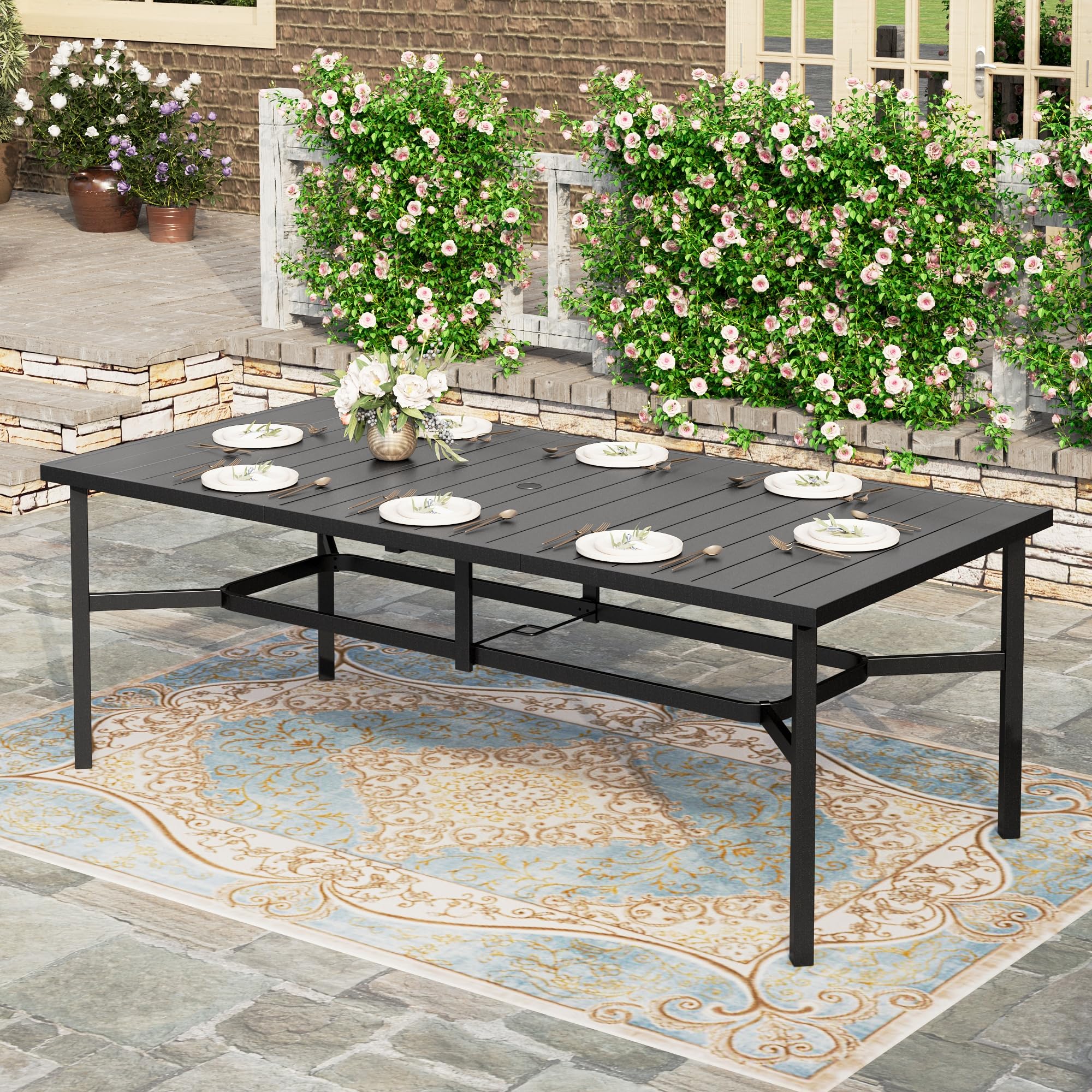 HERA'S HOUSE 8-Person Outdoor Dining Table with Umbrella Hole - Black Rectangle Metal Patio Table for Lawn, Garden, Backyard & Restaurant - Perfect for Family Gatherings, BBQ Parties & Outdoor Entertaining